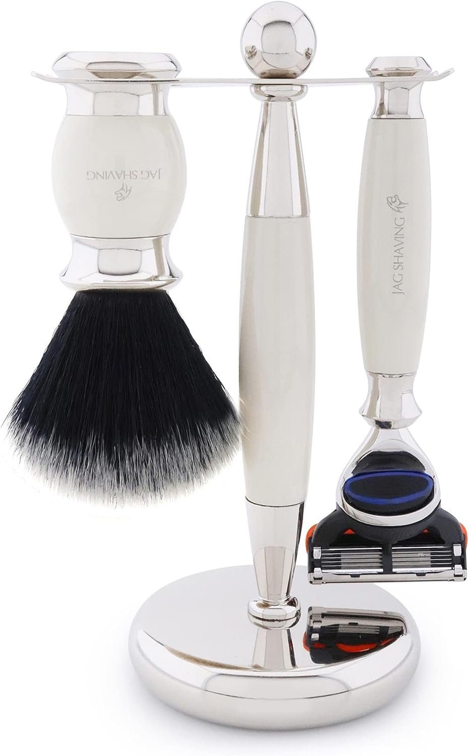 JAG SHAVING Rasierset 4-teiliges Set mit Dual-Stand-Halterung Premium-Design und verstellbar, 4-tlg., Fusion5, schwarze Synthetikbürste, Edelstahlschüssel, Doppelständer, am besten für ein erstklassiges Rasurerlebnis