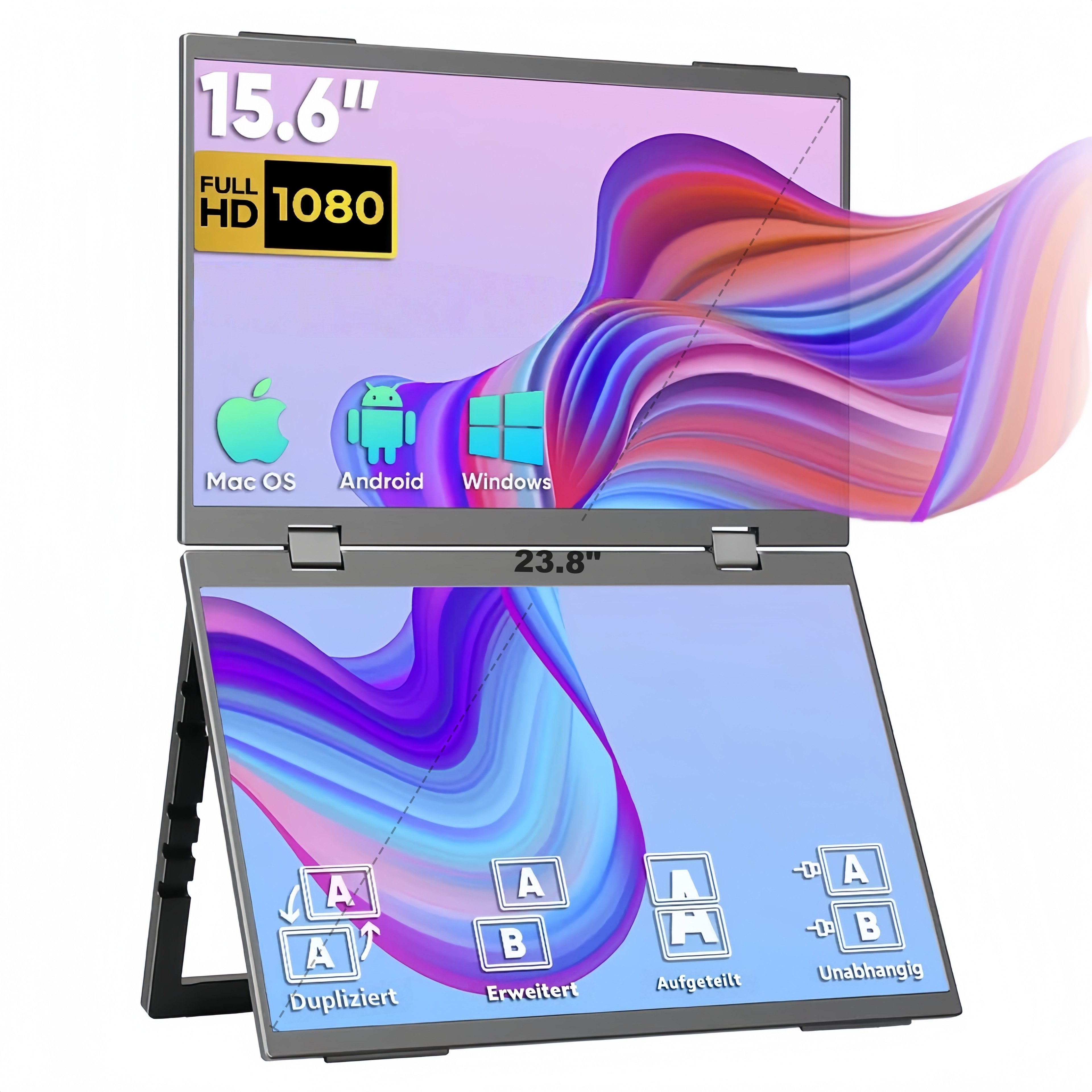 Bundviel Dual Portable Monitor 1080p Faltbarer Triple Monitor mit Stand & VESA Portabler Monitor (1920 x 1080 px, Full HD, 2 ms Reaktionszeit, 60 Hz)