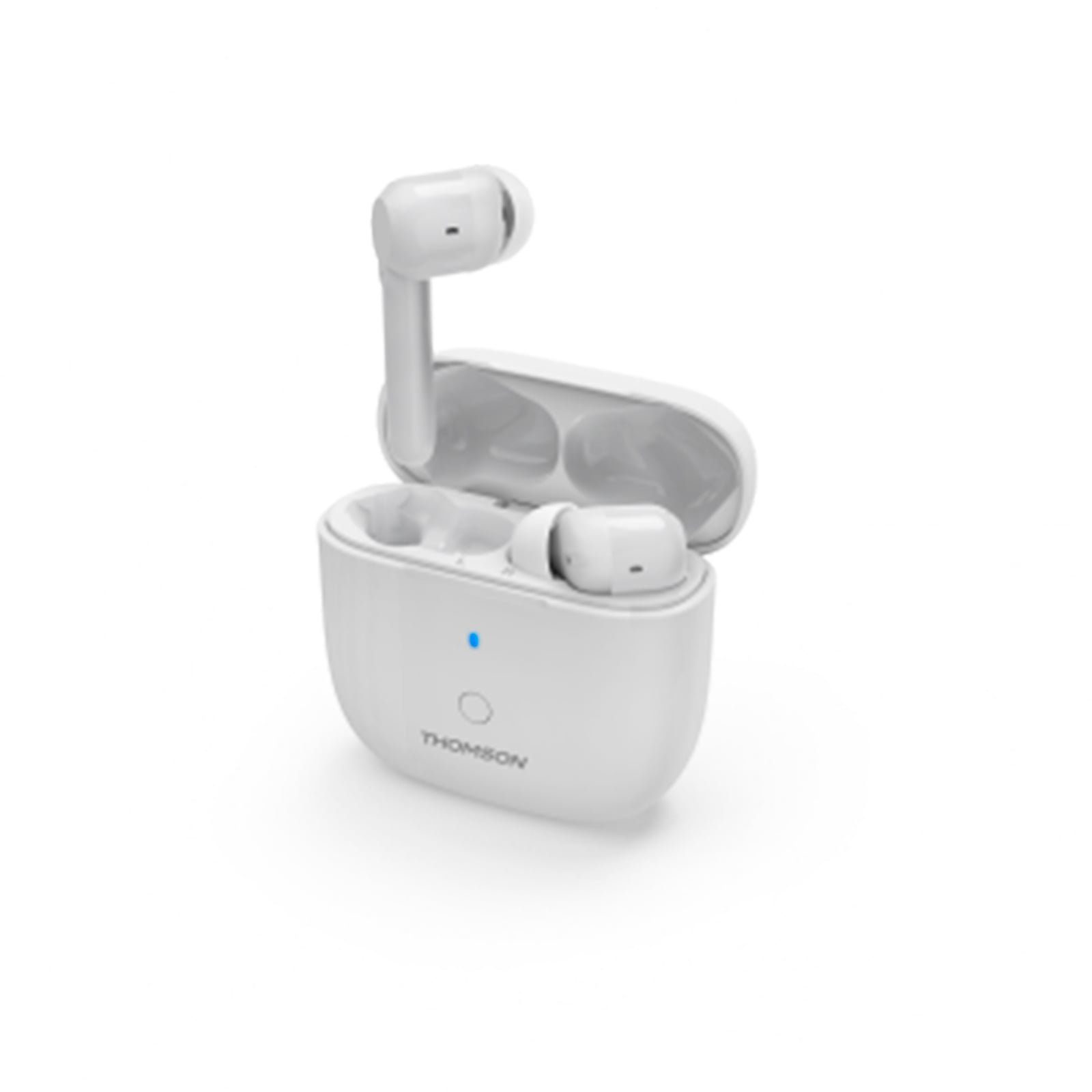 Thomson WEAR7811W True Wireless Stereo In-Ear Headset Bluetooth-Kopfhörer (Sprachsteuerung über Siri & Google Assistant möglich, Bluetooth, A2DP 1.3, AVRCP 1.6, HFP 1.7, HSP 1.2, inklusive Ladecase, 10 Meter Reichweite, 3 Paar Ohrpolster (S/M/L)