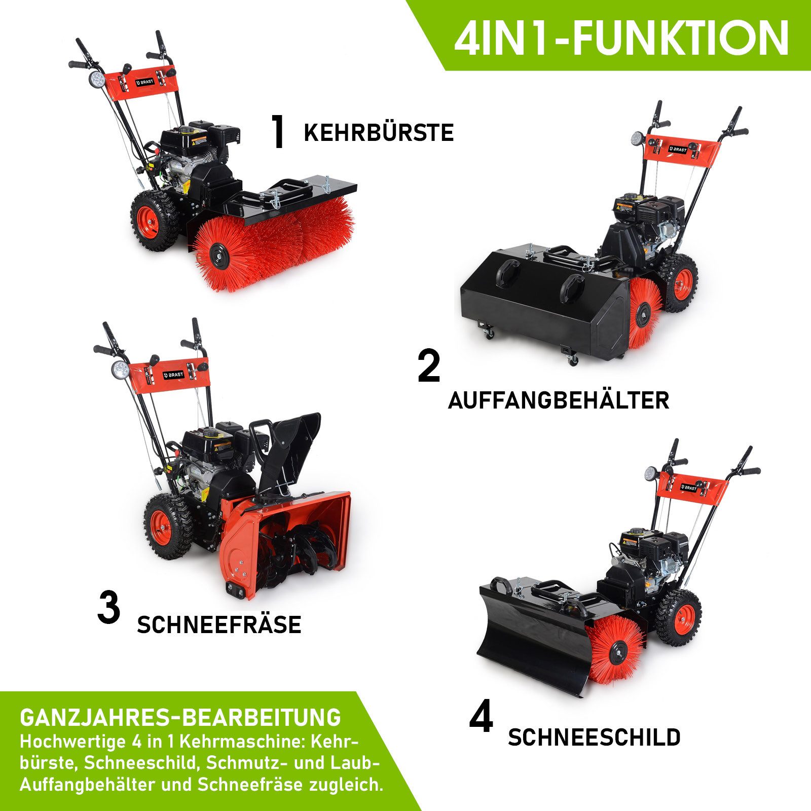 BRAST Benzin-Kehrmaschine 4-Takt Markenmotor, wechselbare Aufsätze, 5 Modelle, (4,8kW(6,5PS), inkl. Kehrbürste Laubsammler Schneeschieber Schneefräse), 4in1 Funktion
