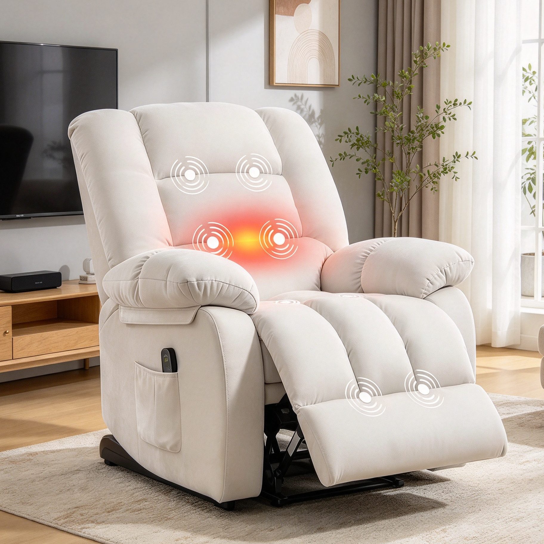 Bonzy Home Massagesessel Relaxsessel mit Massage und Wärmefunktion, verstellbarer Fernsehsessel, Extra breite gepolsterte Armlehnen & praktische Seitentasche