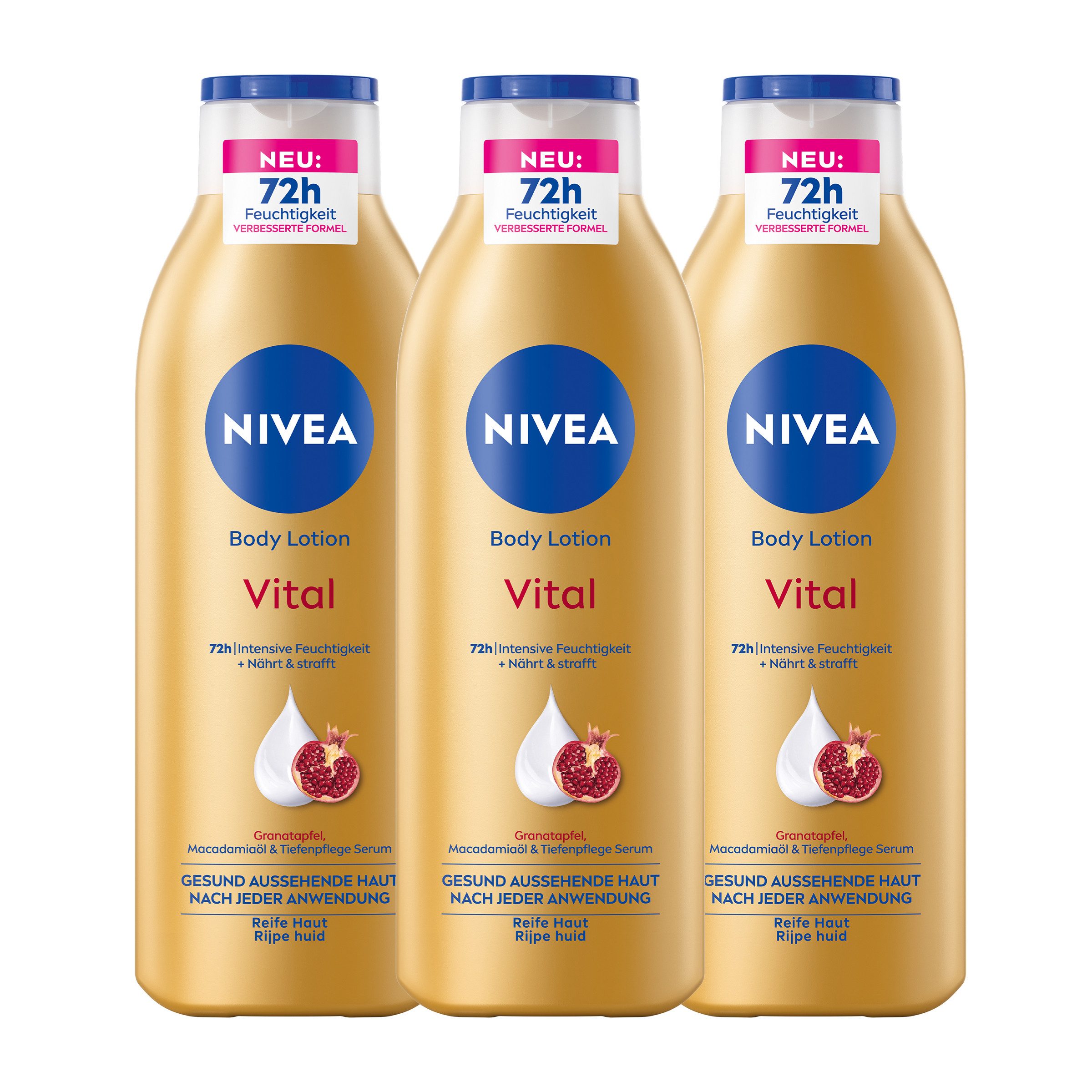 Nivea Körperlotion Vital 3 x 250ml Granatapfel, Macadamiaöl & Tiefenpflege Serum, 3-tlg., Tiefenpflege Serum, Granatapfelextrakt, Macadamiaöl