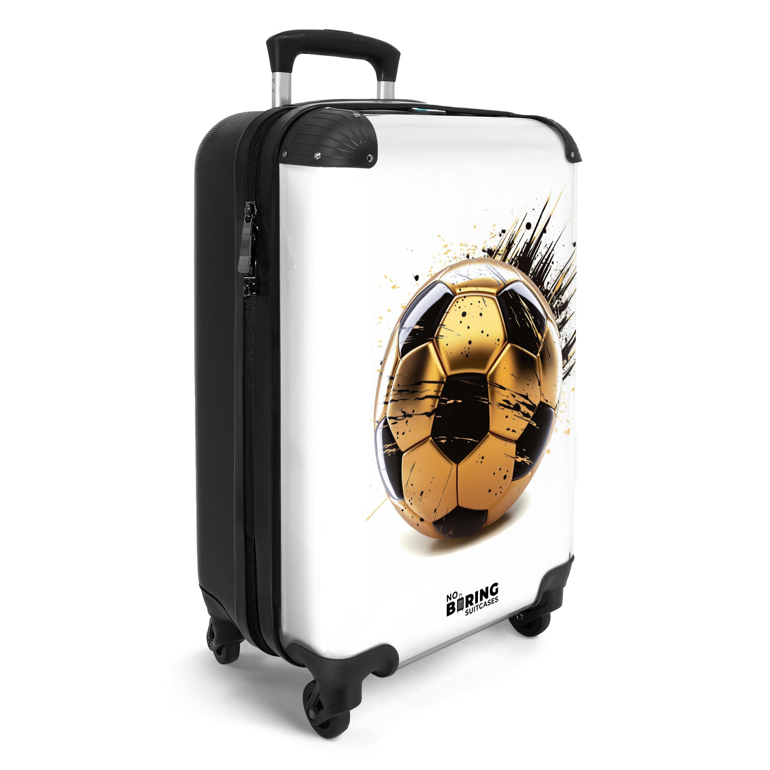 NoBoringSuitcases.com© Kinderkoffer Gold-schwarzer Fußball mit Farbspritzern 55x35x20cm, 4 Rollen, Kinder Koffer Klein, Trolley Handgepäck, Reisekoffer