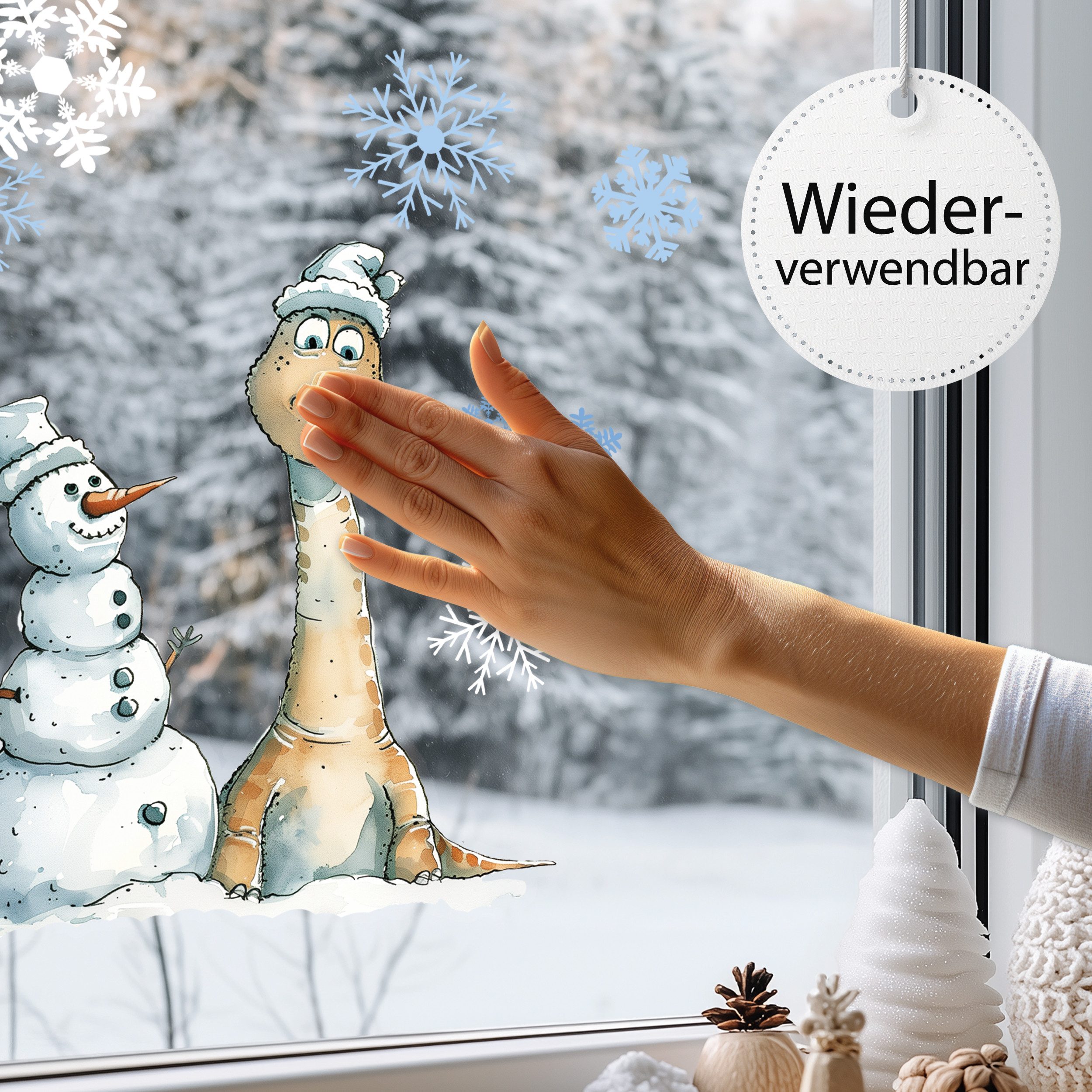 Sunnywall Fensterdekoration Kinderzimmer Fensterbild Winter Langhals Dinosaurier, wiederverwendbar, statisch haftend, beidseitiger Druck