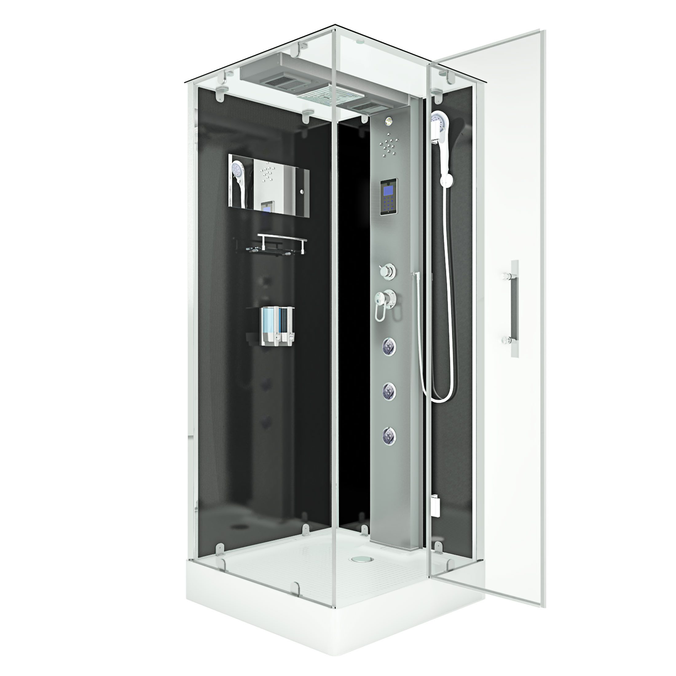 AcquaVapore Komplettdusche Duschkabine Dusche D38-03R0 Schwarz 80x80, Sicherheitsglas ESG, inklusive Duschwanne, Höhenverstellbar, Gehärtetes Glas, Integrierte Massagedüsen, Multimedi