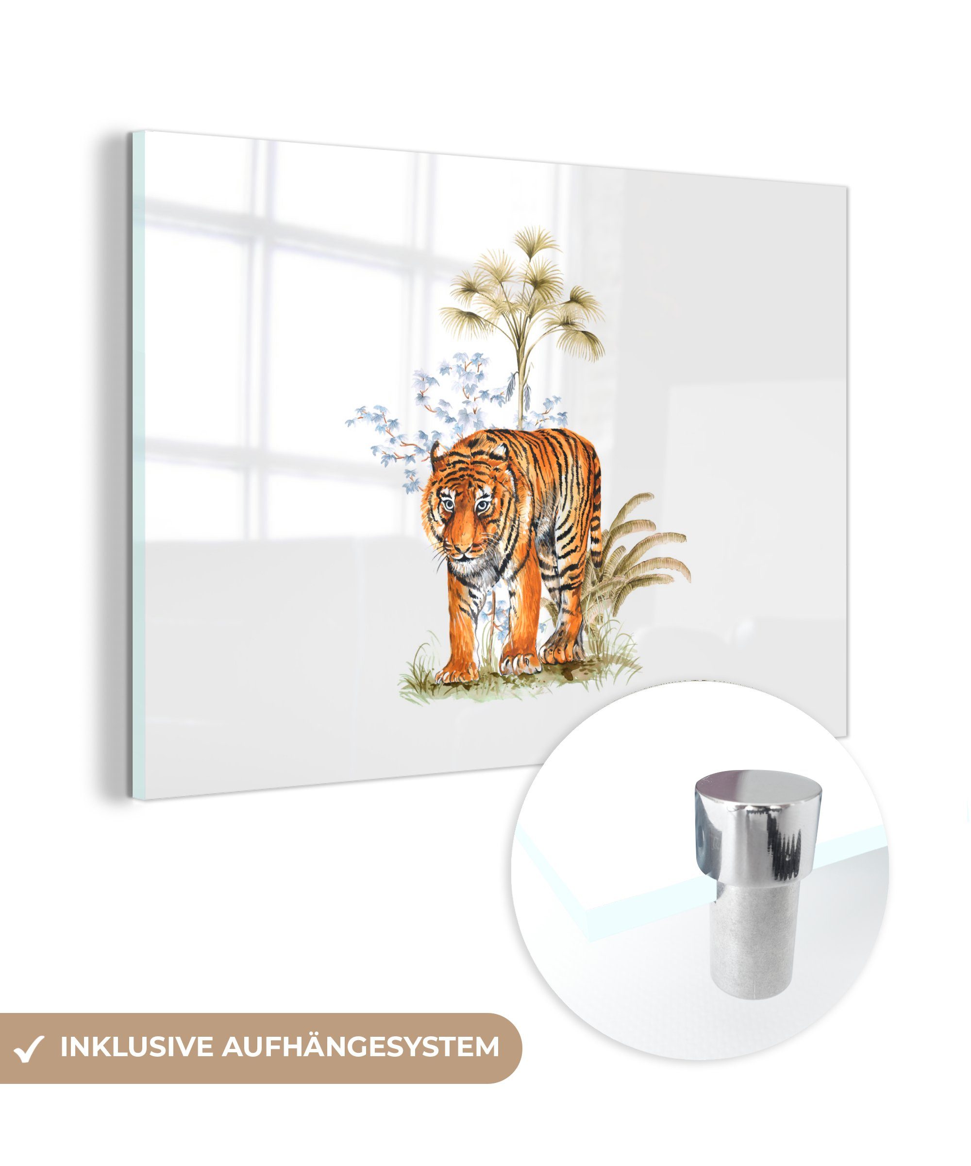 MuchoWow Acrylglasbild Tiger - Pflanze - Weiß, (1 St), Acrylglasbilder Wohnzimmer & Schlafzimmer