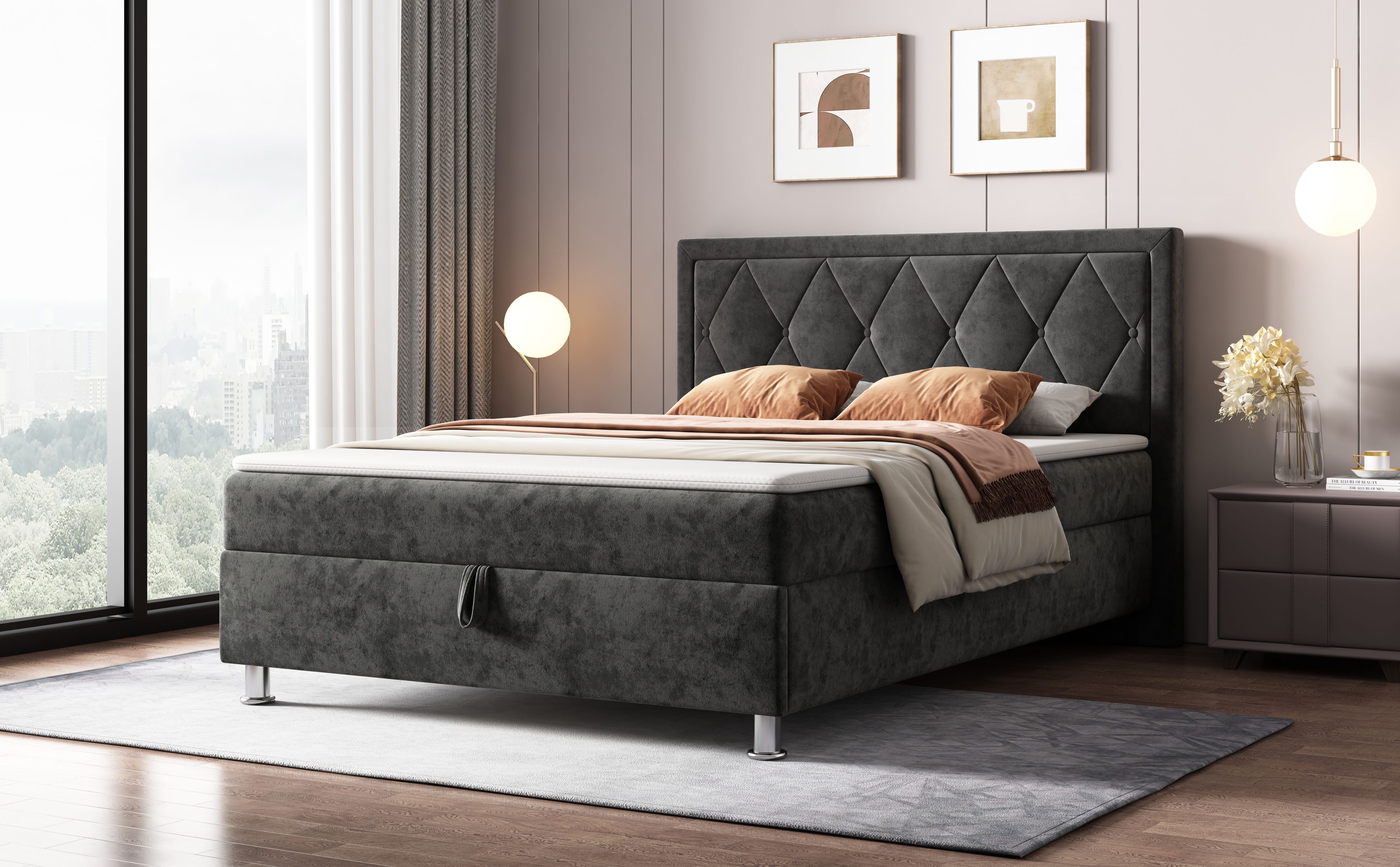 OTTO home Boxbett EMILLIAN, Polsterbett mit Bettkasten und Taschenfederkernmatratze H3, mit Kaltschaumtopper, Chenille-Bezug, Liegefläche 140x200 cm