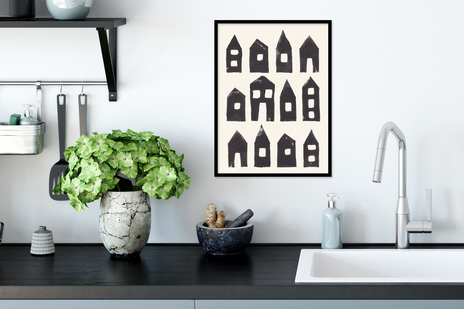 Bilderrahmen Gerahmtes MuchoWow - Haus Pastell (1 St), Schwarz - Abstrakt, - Poster, Rahmen, mit Poster Schwarzem Kunstdruck,