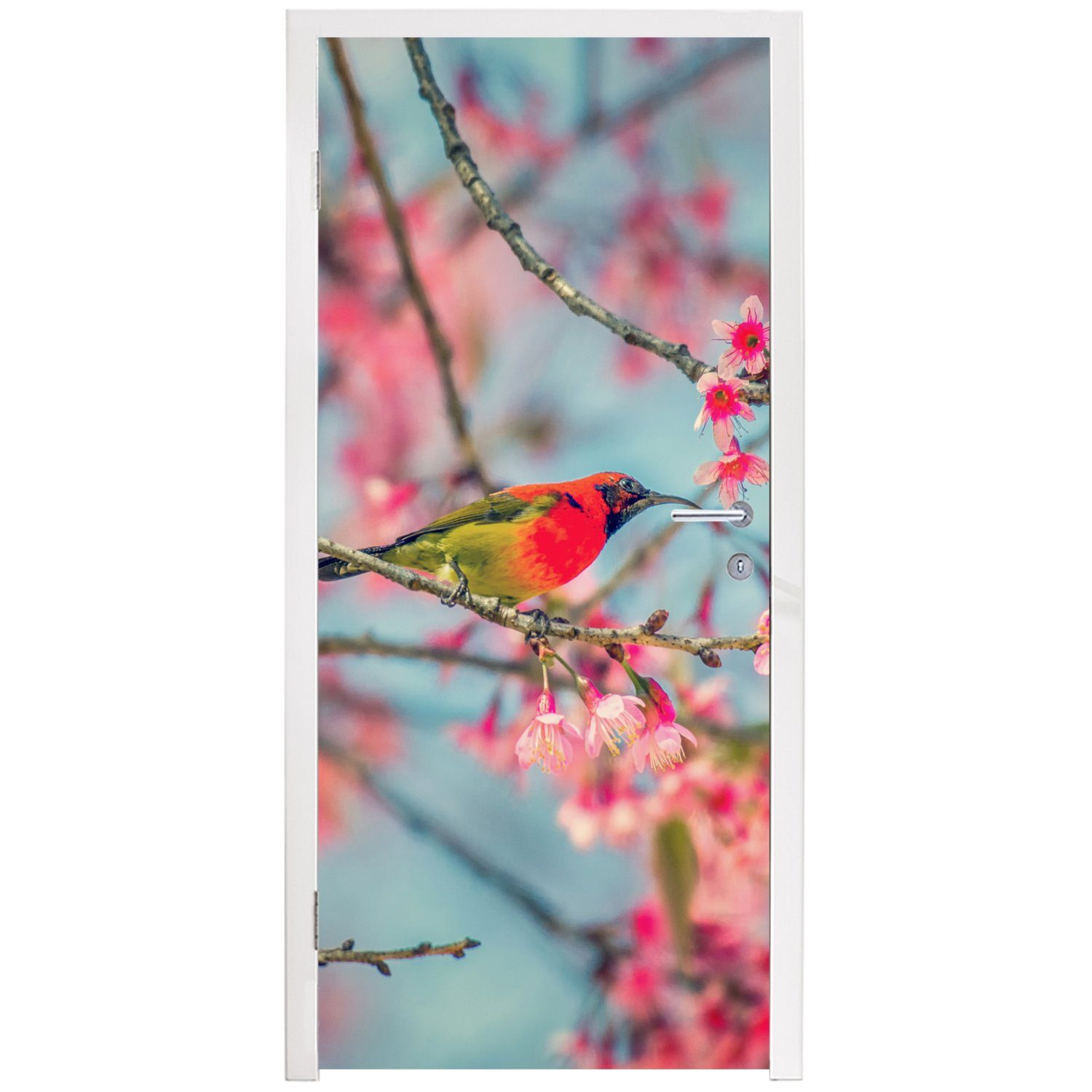 Türaufkleber, Tür, bedruckt, 75x205 Farben, St), Matt, Vogel Türtapete - für Sakura (1 MuchoWow - cm Fototapete