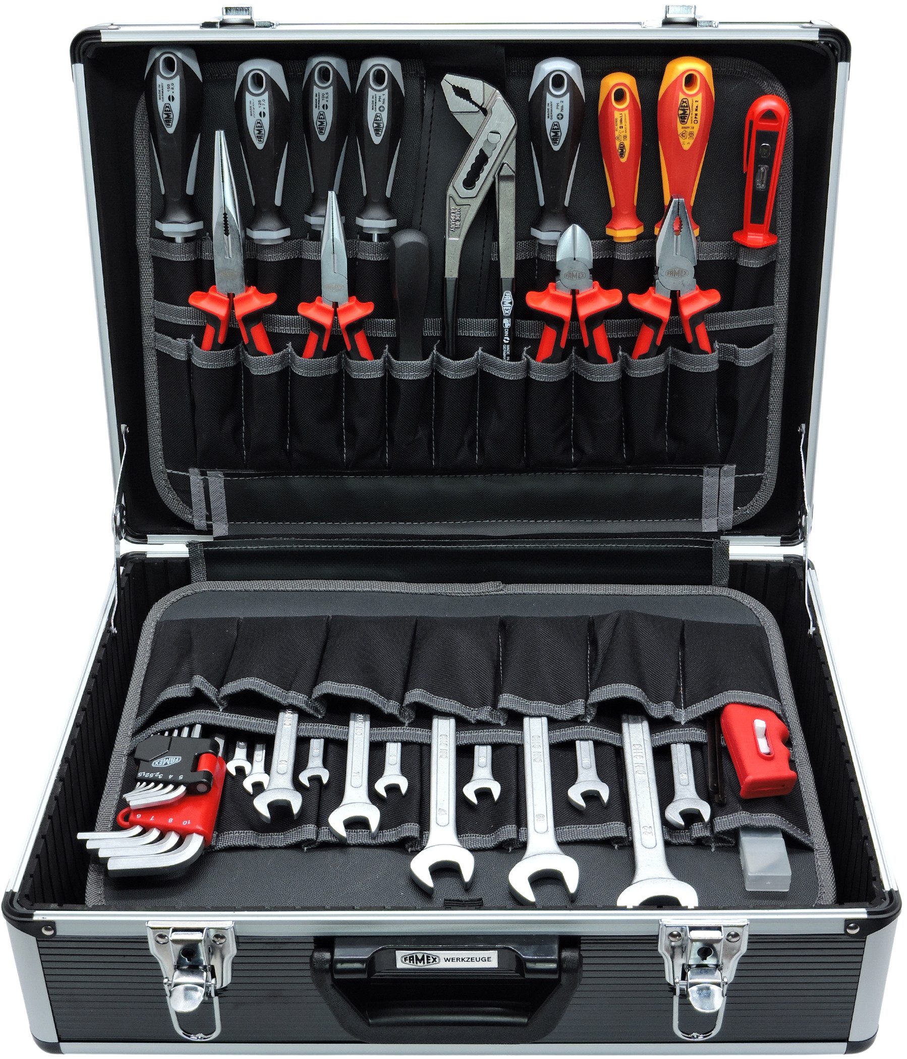 FAMEX Werkzeugset 449-93 Werkzeugkoffer mit Profi Werkzeug, (Werkzeugkoffer, 109-tlg), Kapazität 24kg, abschließbar, CV-Stahl, viel Platz
