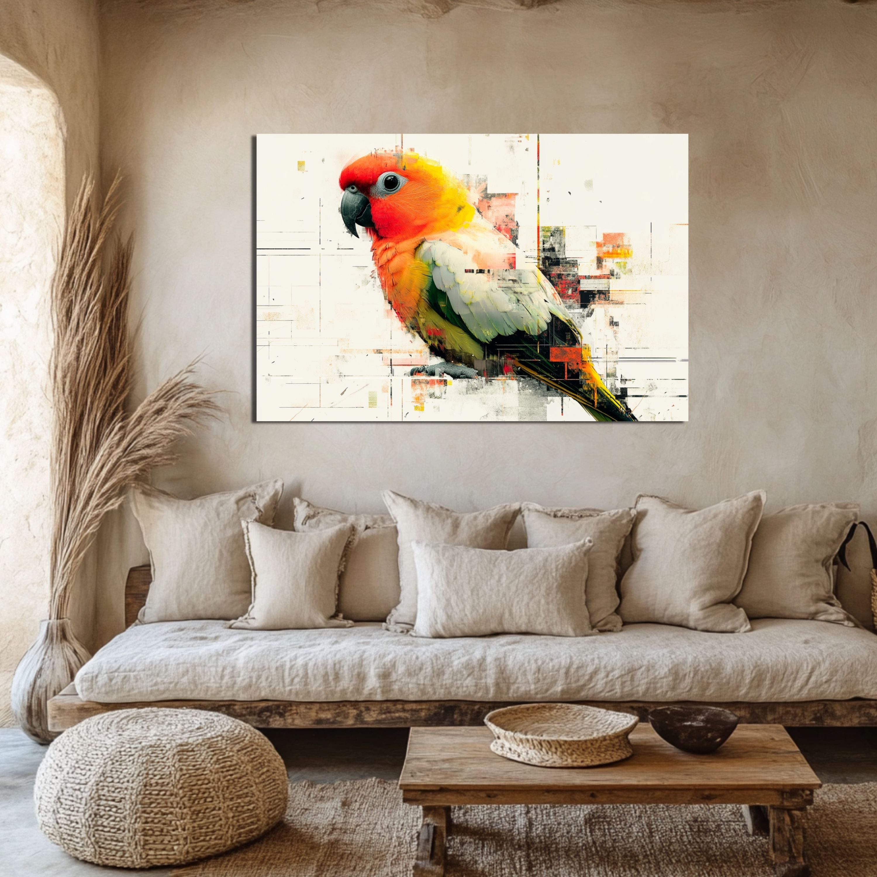 DARO Design Leinwandbild Modern Abstrakt Wandbilder XXL Wandbild Wand Deko Leinwand Bilder, (Papagei Warhol Glitch - Bild groß Wohnzimmer Schlafzimmer Küche Esszimmer Einteilig Querformat Fotodruck Leinwände Wanddeko Abstrakte Kunst Boho), 30x20cm
