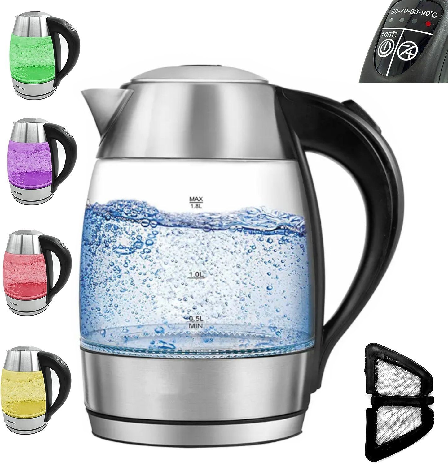 LMG Germany Wasserkocher 1,7 l Glas Edelstahl Wasserkocher 2200W, LED & Temperatureinstellung, 1,8 l, 2200 W, Edelstahlgehäuse, Temperatureinstellung, Schnellkochfunktion