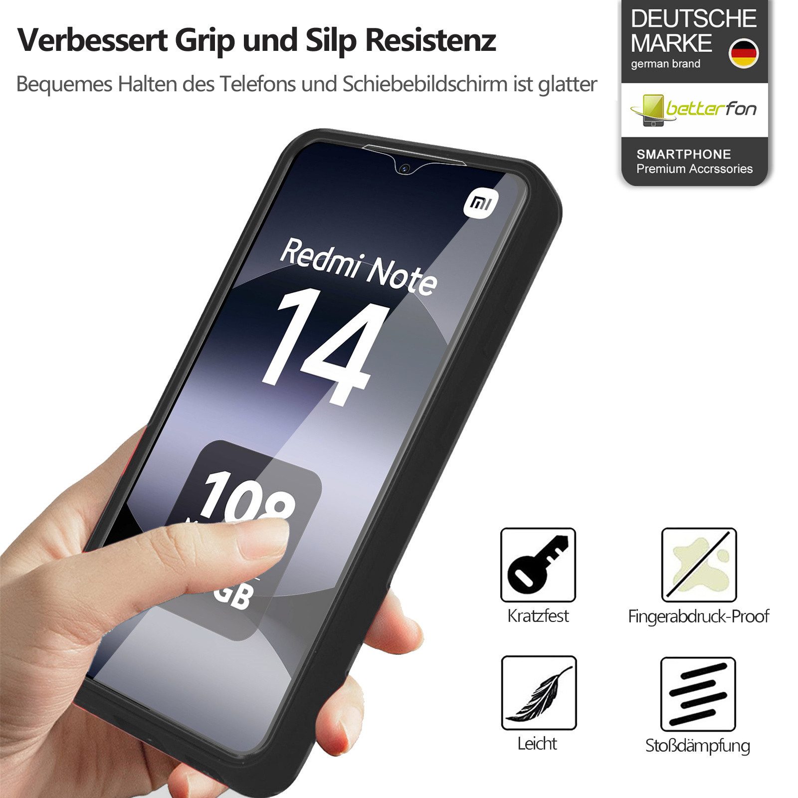 betterfon Handyhülle für Xiaomi Redmi Note 14 4G TPU Schutzcase, 2-teiliges 360 Grad Case mit Rundumschutz und Displayschutz – Bild 3 von 5