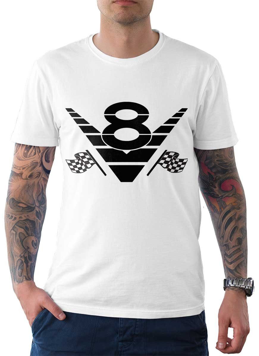 [Zeitraum aufgrund großer Nachfrage verlängert] Rebel On Wheels Bomberjacke Herren / T-Shirt mit Auto Racing Weiß V8 Tee US-Car Motiv