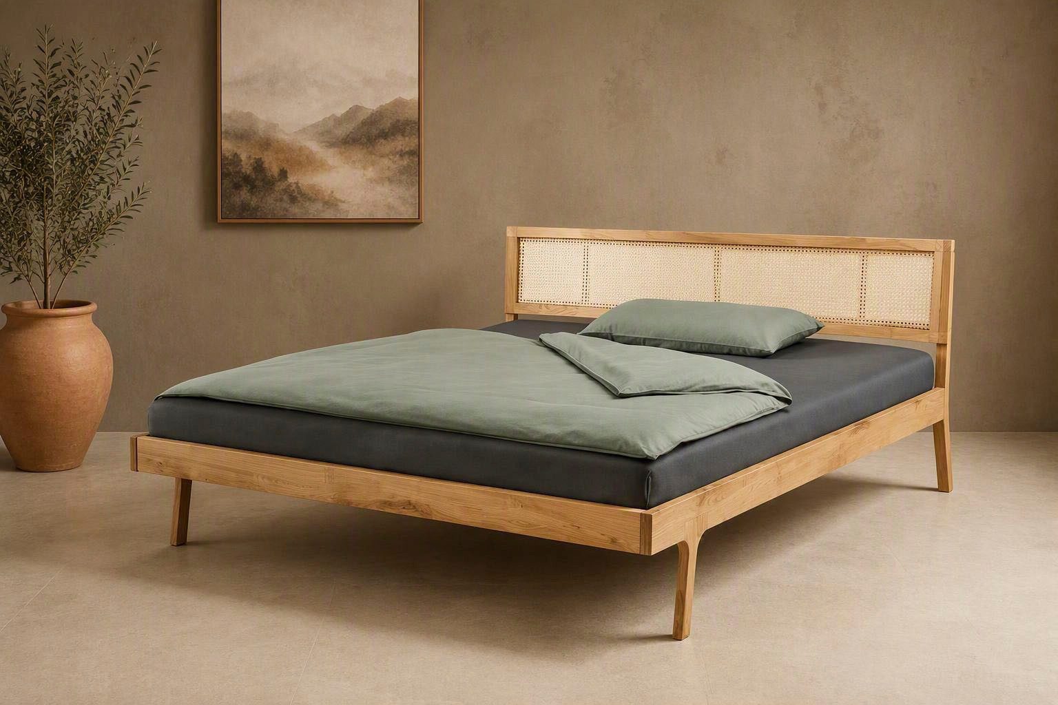 OTTO home Massivholzbett Hällevik, Kopfteil höhenverstellbar, Eiche massiv, mit Wiener Geflecht (mehrere Breiten), skandinavischer Stil, Made in EU, FSC®-zertifiziert, sehr stabil