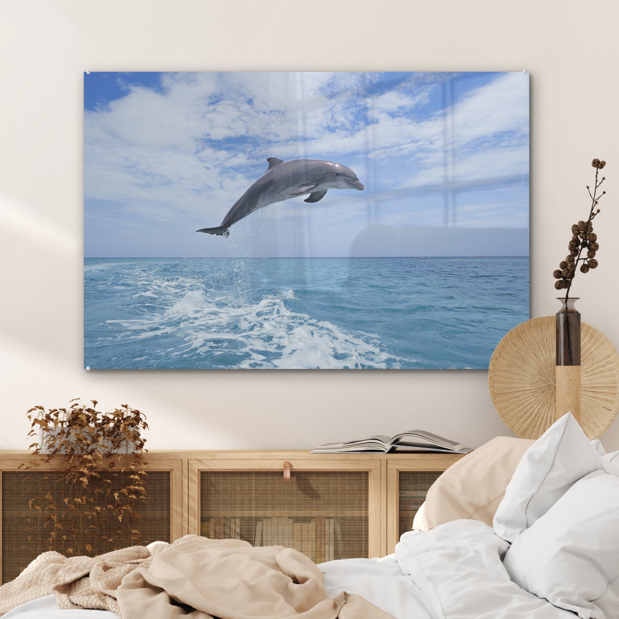 Acrylglasbilder (1 - Schlafzimmer St), MuchoWow Wohnzimmer Meer Acrylglasbild - Delfin & Himmel,