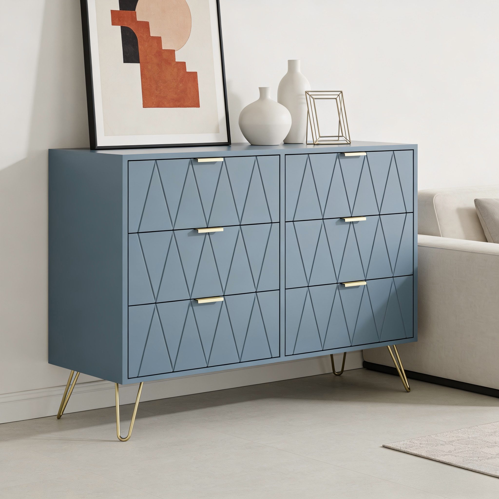 UEV Kommode mit 6 Schubladen, Sideboard für Wohnzimmer Schlafzimmer (Highboard, Sideboard mit Schubladen, Schmal kommode, 100 x 34 x 73 cm Mehrzweckschrank), Küchenschrank Buffet TV Board Schrank mit Füße Aufbewahrungsschrank