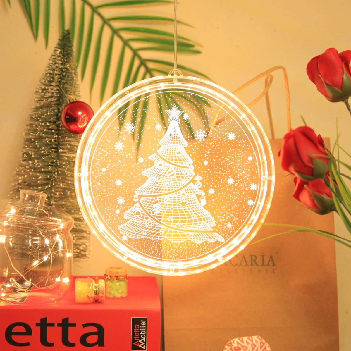 Sunicol Beleuchtetes Fensterbild LED Weihnachten Saugnapf 3D-Effekt Hängend Lichter, Batterie, Lichtervorhang, Fenster Party Deko, Restaurant Spiegel Glas Wand