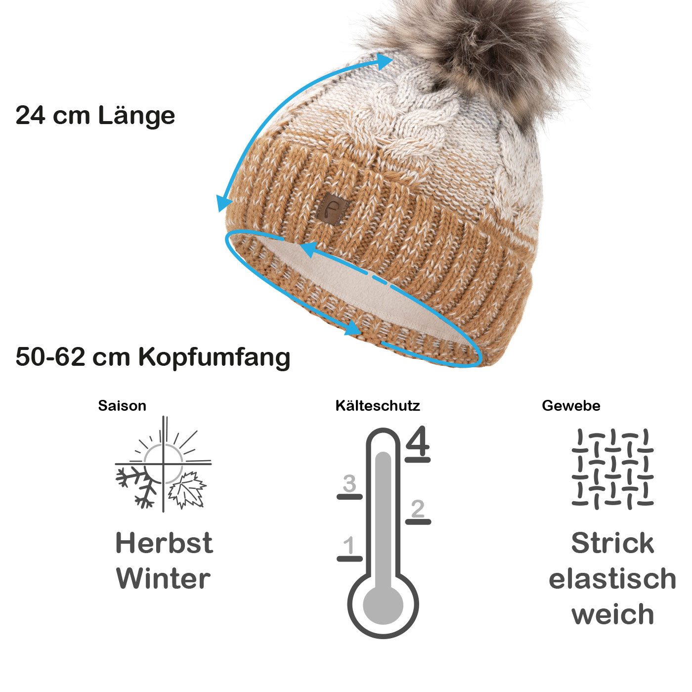 Faera Bommelmütze Wintermütze Damen Herren Mütze Beanie Haube gefüttert Bommelmütze