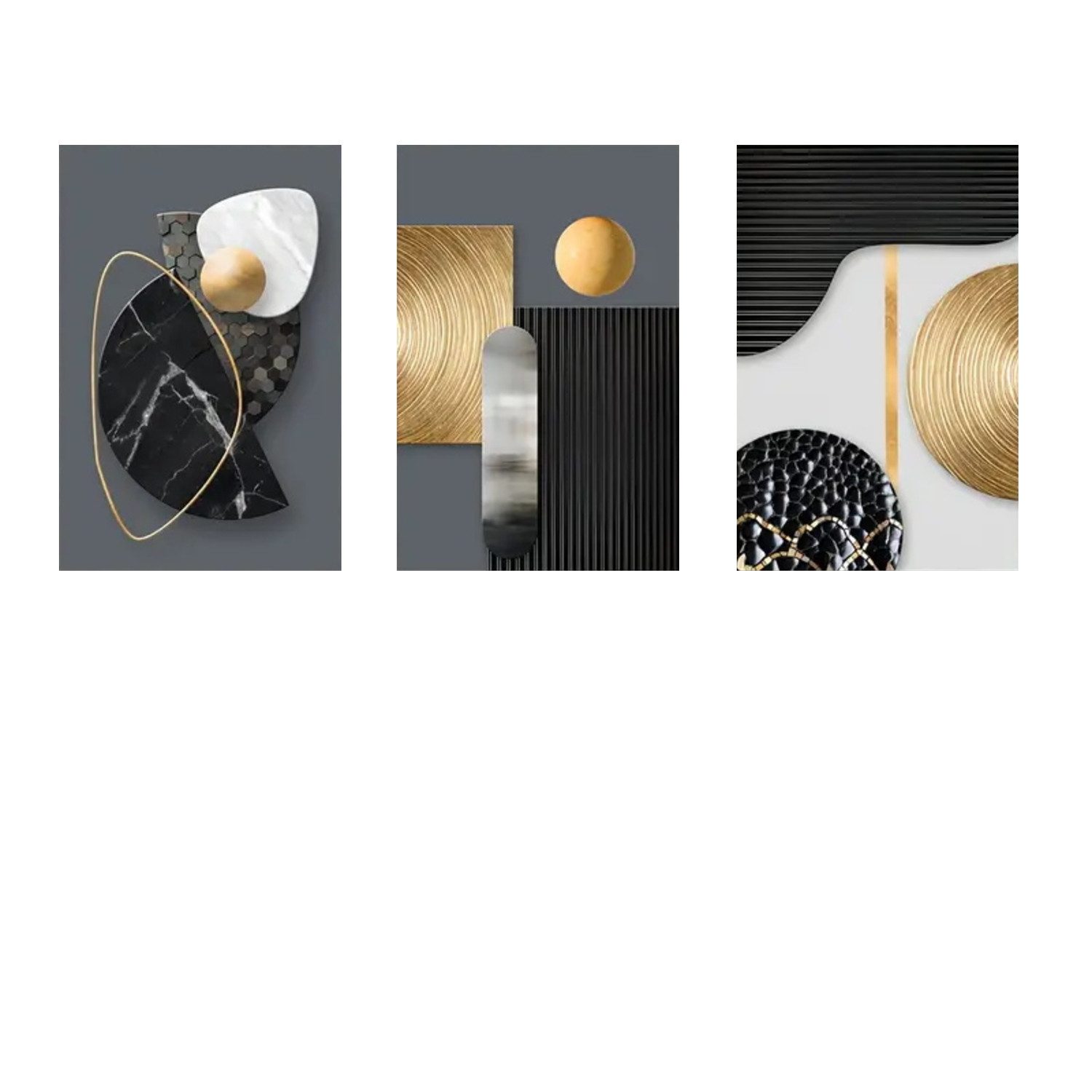TPFLiving Kunstdruck OHNE RAHMEN, 3er Set - Abstrakte Formen - (Leinwandbild XXL), Farben: Farben: Schwarz, weiß, gold - Größe: 20x30cm
