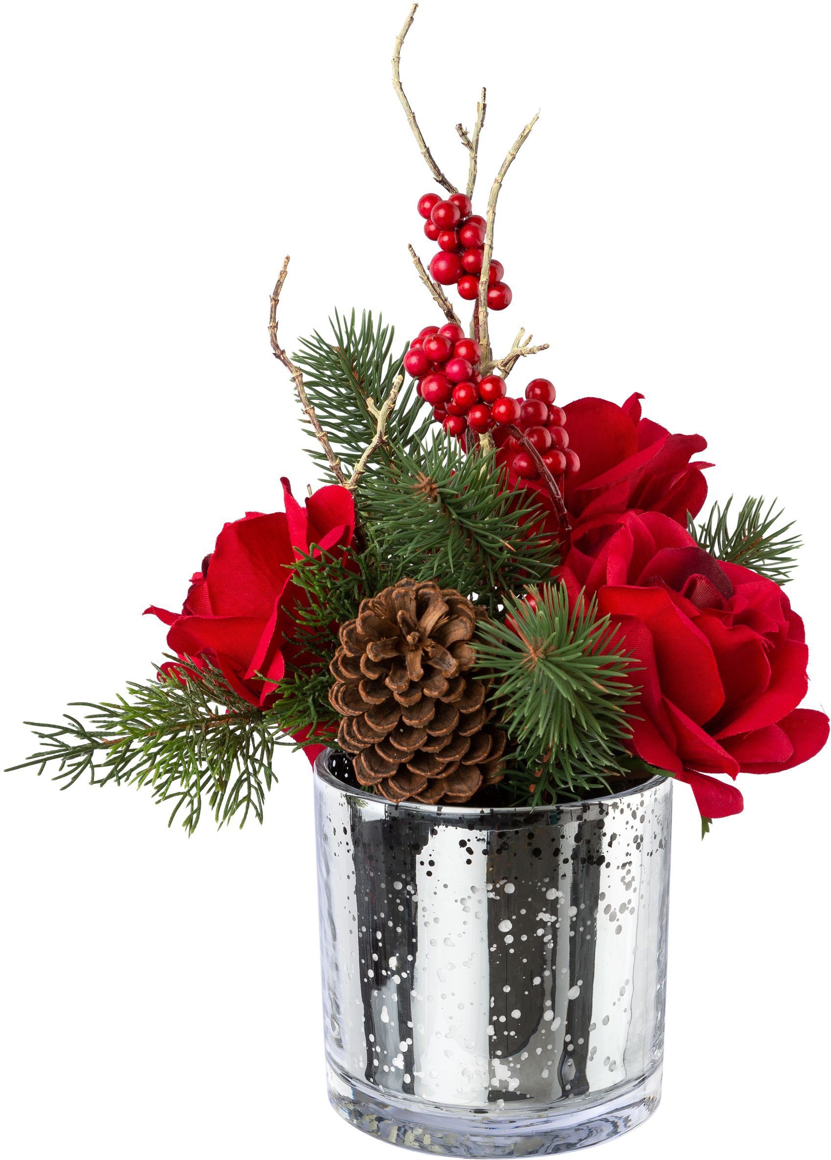 Höhe in Beeren Gesteck green, Weihnachtsdeko Rosen, Creativ Kunstpflanze 29 rot und Winterliche Zapfen cm, Glasvase,mit