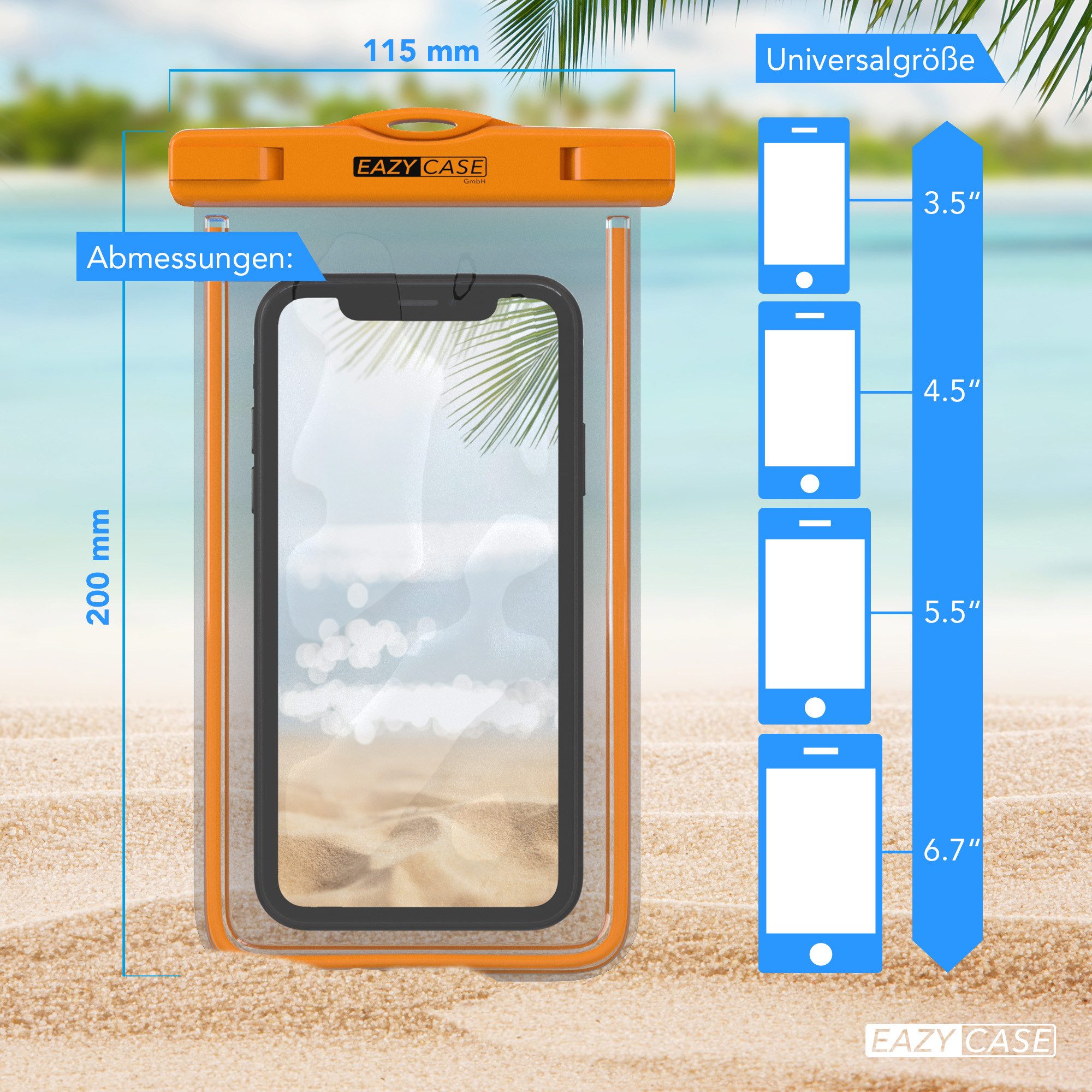 EAZY CASE Handyhülle Universale Unterwasser-Tasche für viele Modelle 3,5 - 6,7 Zoll, wasserdichte Schutzhülle Handytasche mit Band wasserfeste Hülle Orange
