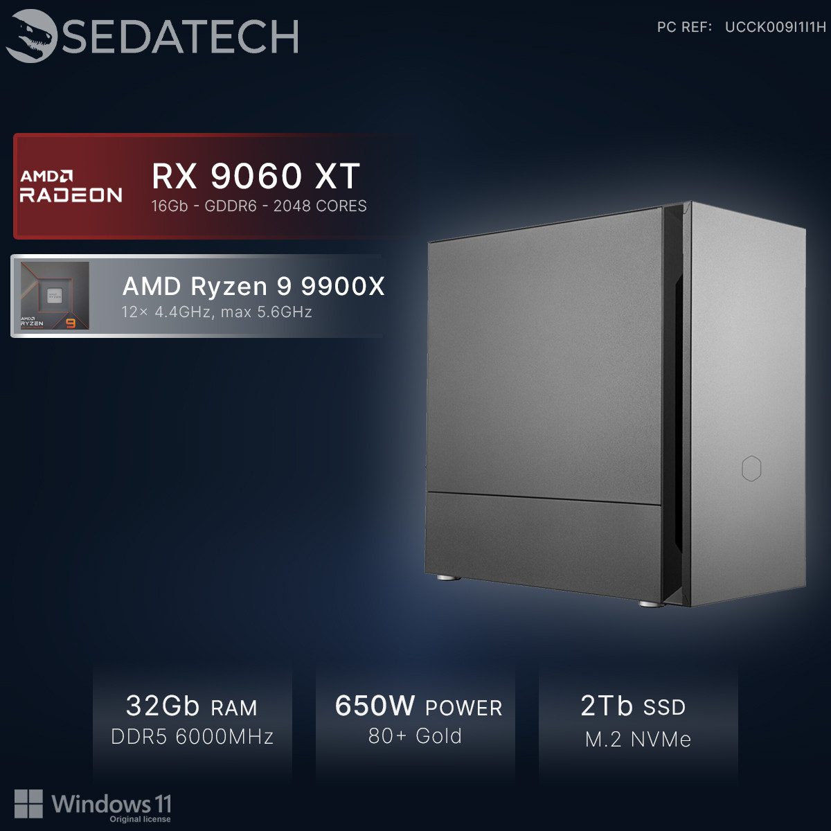 Sedatech UCCK009I1I1HF - Gaming-PC (AMD Ryzen 9 9900X 12x 4.4GHz (max 5.6GHz), Radeon RX 9060 XT 16GB, 32 GB RAM, 2000 GB SSD, Wlan 6E)