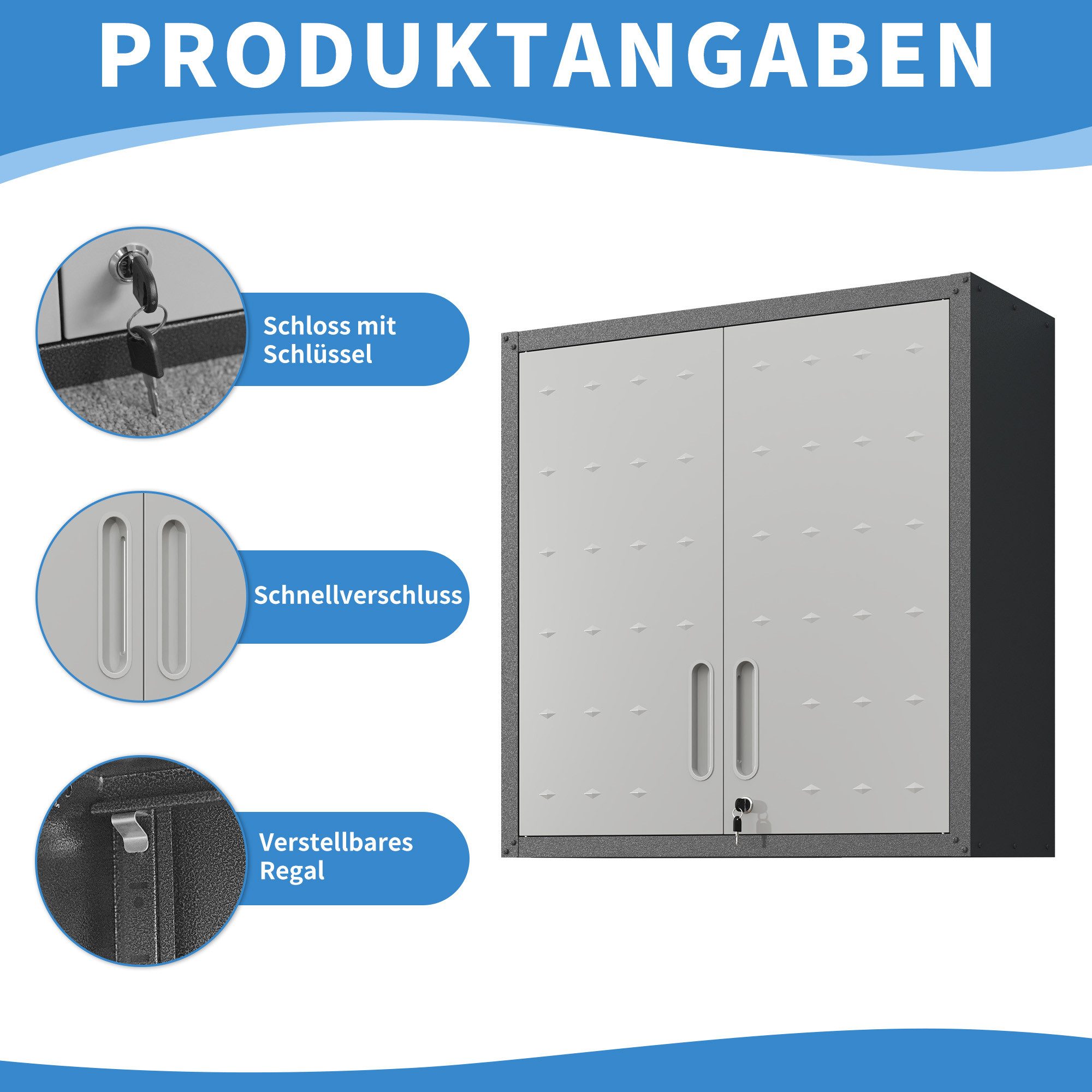 Celya Wandhängeschrank Metall Wandschrank mit Türverschluss, Ablage, Robust, H77 cm × B75 cm × T30 cm, Umweltfreundlich, Ideal für Garage, Werkstatt & Büro