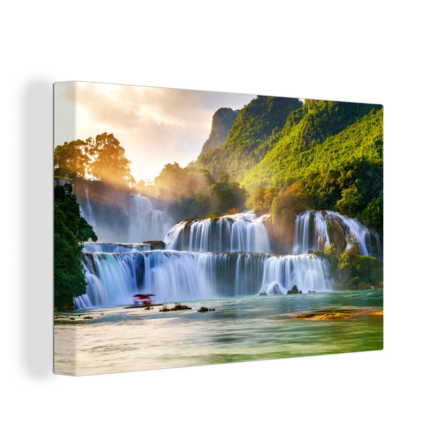 OneMillionCanvasses® Leinwandbild Wasserfall - Pflanzen - Sonne - Wasser - Natur, Fotodruck (1 St), Leinwand Bilder Klein, Wand Dekoration Aesthetic 30x20 cm