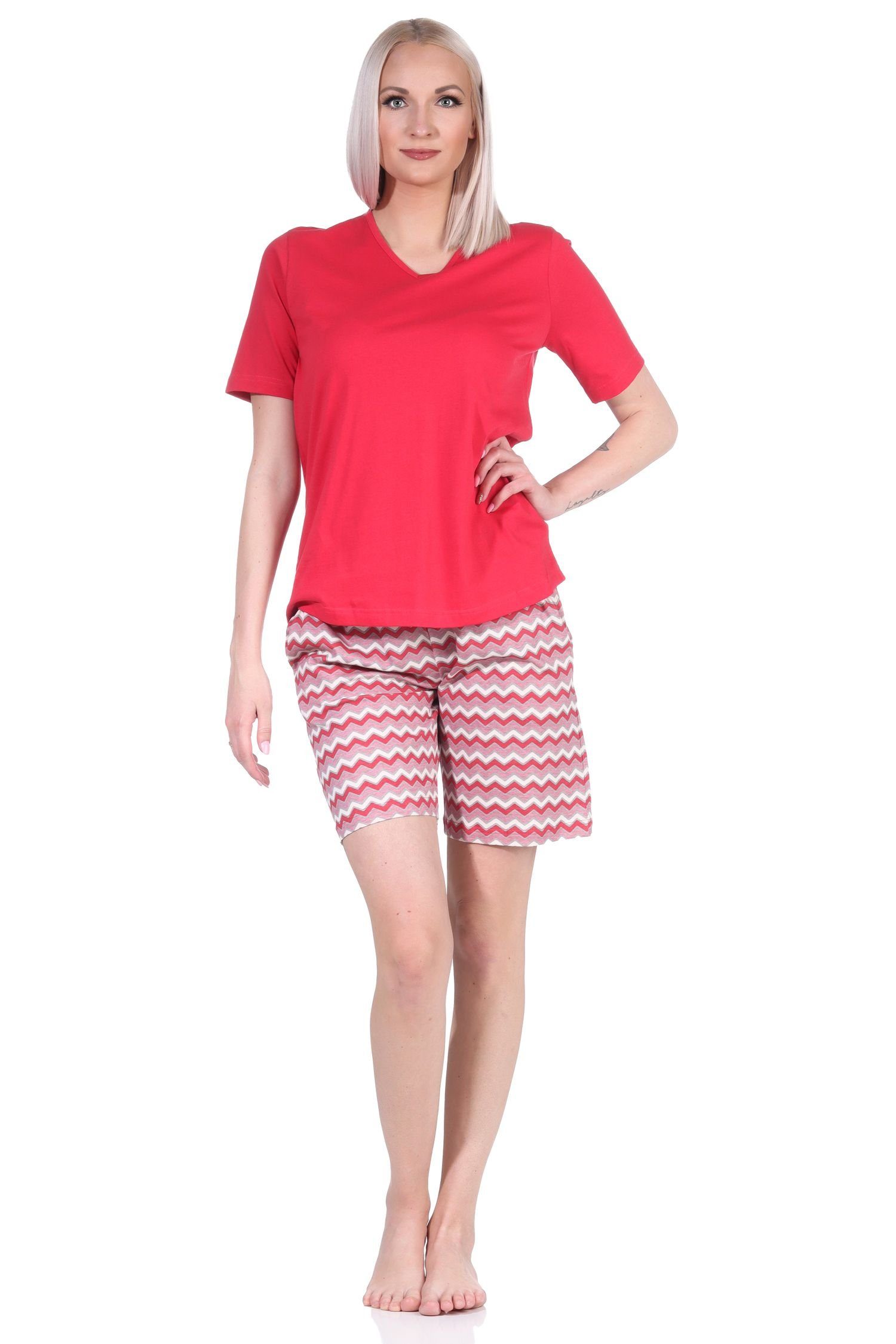 Normann Pyjama Damen Shorty Pyjama kurz mit gemusterten Shorts in strahlenden Farben rot