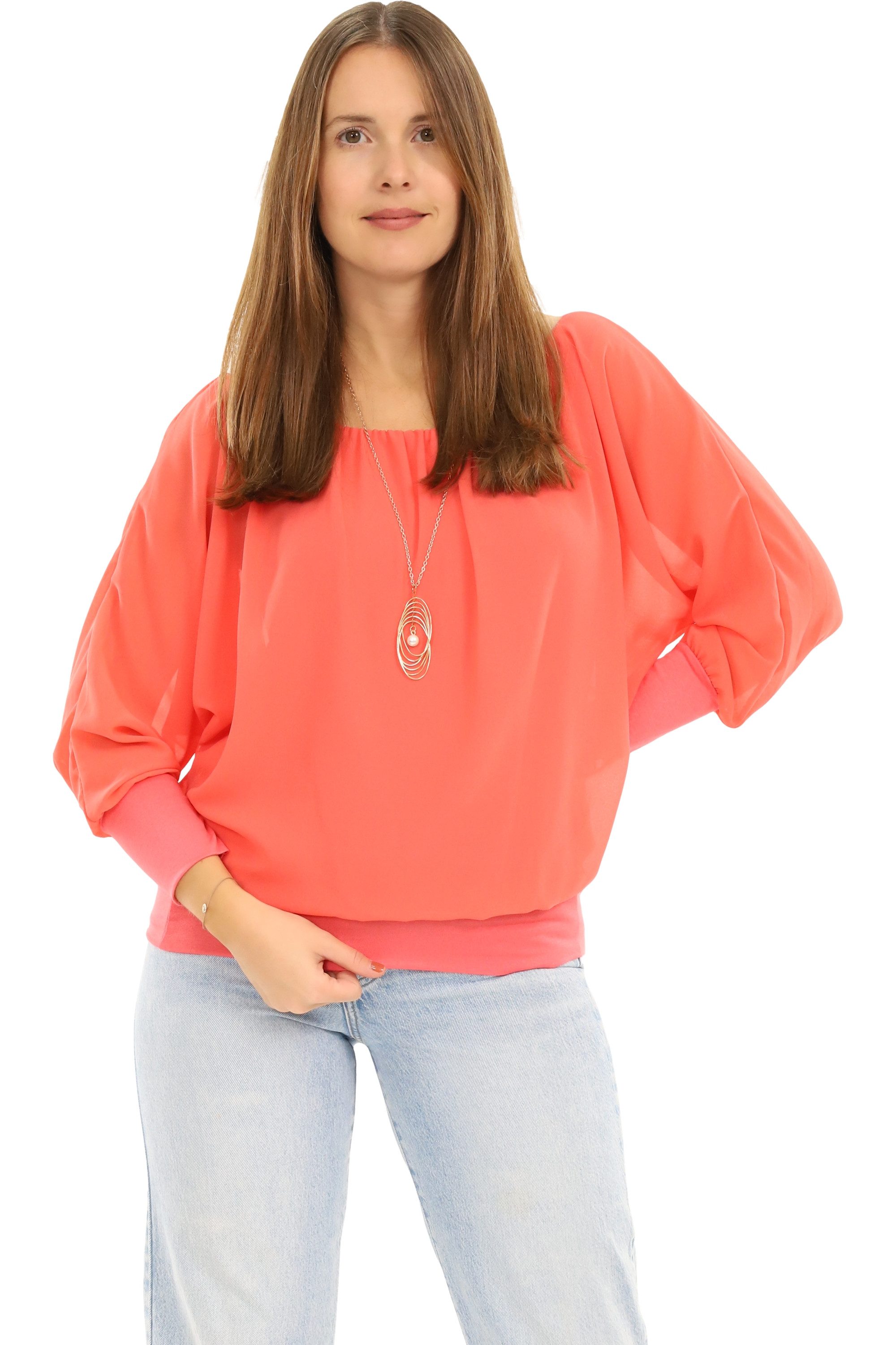malito more than fashion Chiffonbluse malito Damen Bluse mit passender Kette, Tunika mit ¾ Armen, Blusensh Bluse mit Fledermausärmeln Einheitsgröße