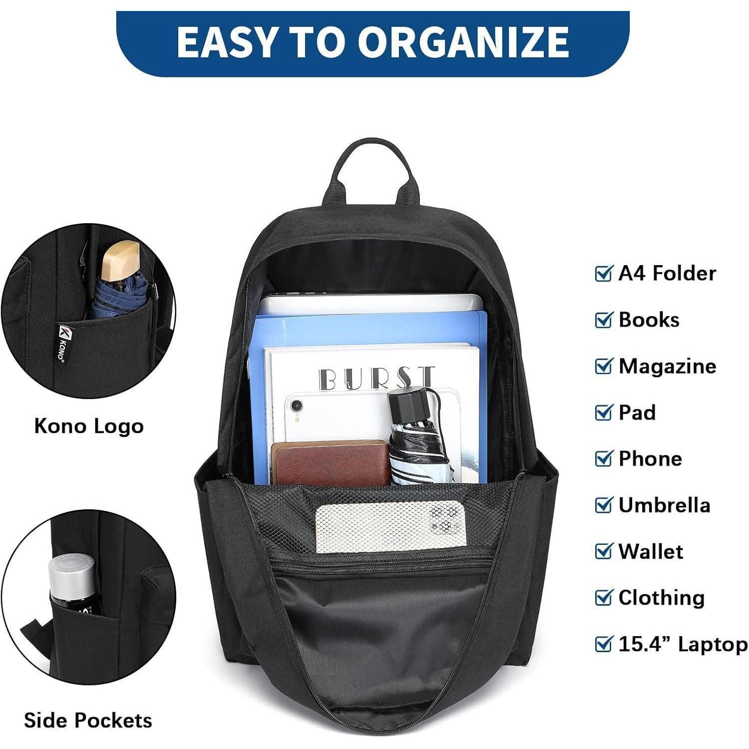 LuxusKollektion Schulrucksack Schulrucksack 15,4-Zoll-Laptop, leicht, wasserabweisend, Schwarz