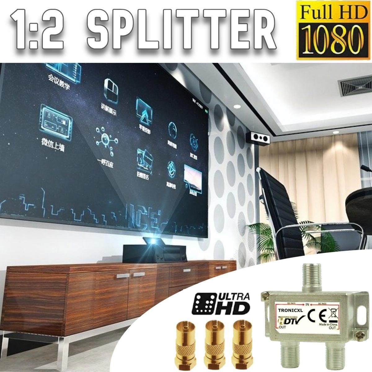 TronicXL SAT-Verteiler 2-Fach F-Stecker Koax Antennenverteiler HD 4K Verteiler Sat Splitter