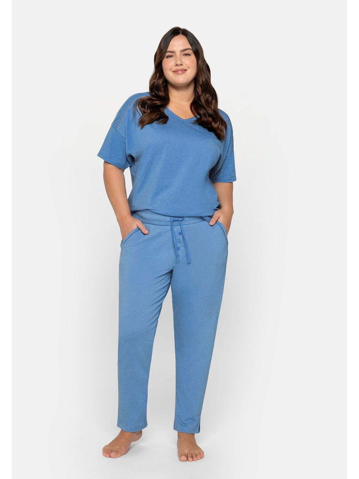 Damen Hosen Sheego Pyjamahose Schlafanzughose mit Kontrastdetails und Zierknöpfen
