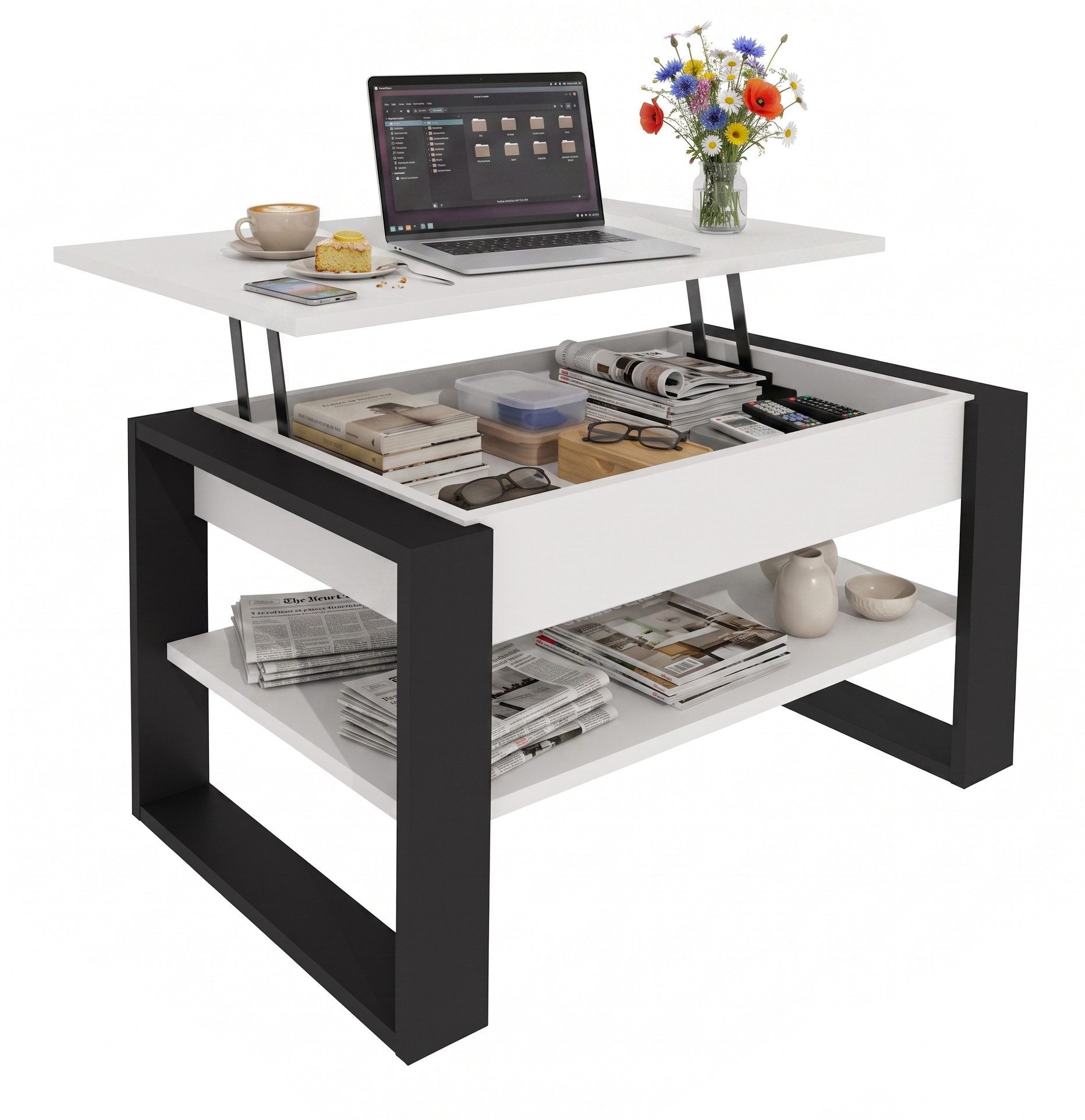 TREND WERK Couchtisch Lift-Couchtisch höhenverstellbar Sofatisch 92×55 cm mit Stauraum (verstecktem Fach Wohnzimmertisch Holz modern)