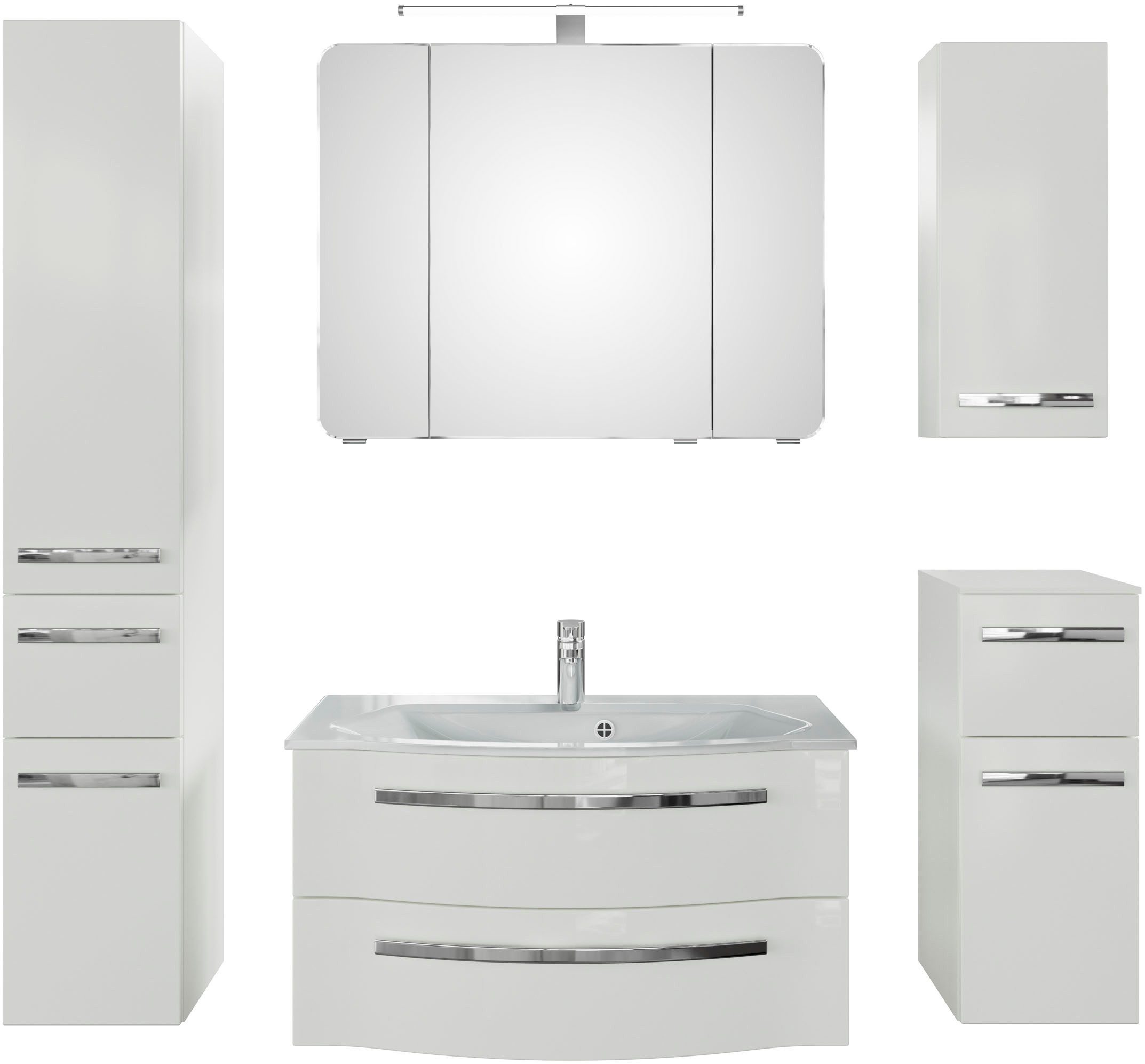 Saphir Badmöbel-Set Serie 4005, vormontiert, Glaswaschbecken, Spiegelschrank, (Set, 6-St), Badezimmer-Set mit Unterschrank, Hängeschrank, Hochschrank, Türdämpfer