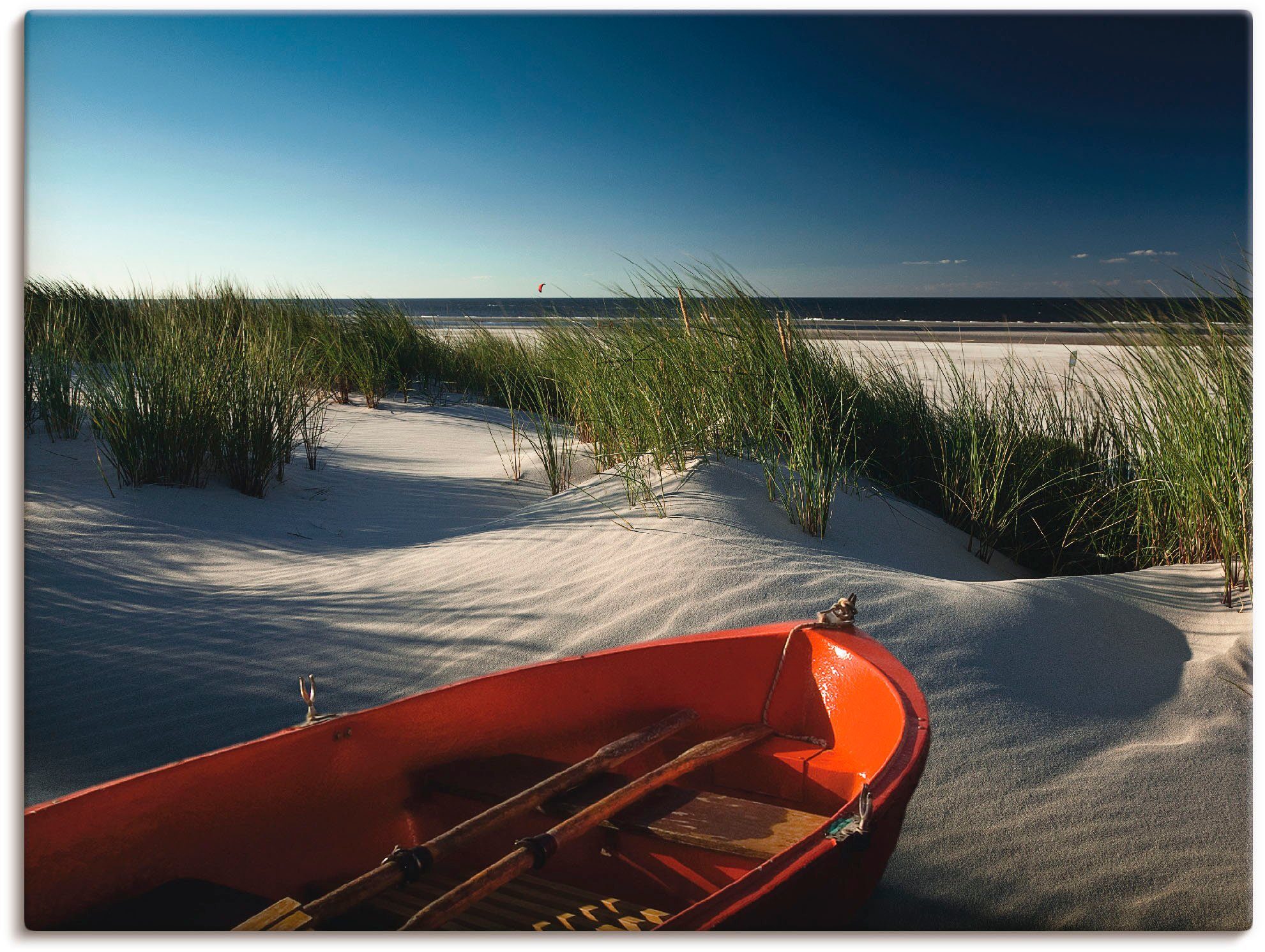 Artland Leinwandbild Rotes Boot am Strand..., Boote & Schiffe (1 St), auf Holzrahmen gespannt