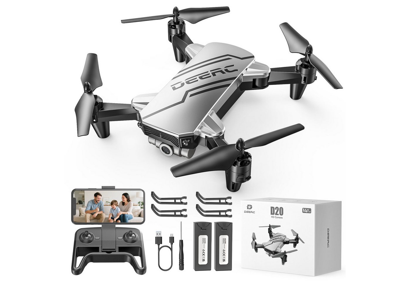 DEERC Mini, mit 1080P Kamera für Kinder, optischem Fluss, faltbar Drohne (FPV-Übertragung & Smarte Steuerung, bis 20min Flugzeit) silberfarben