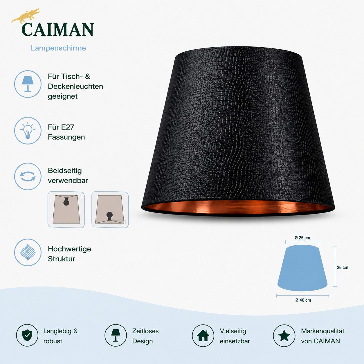 AMBIENTE-LEBENSART.DE Lampenschirm Designer-Lampenschirm-Cayman schwarz-rund- Form Ø 40cm innen Kupfer