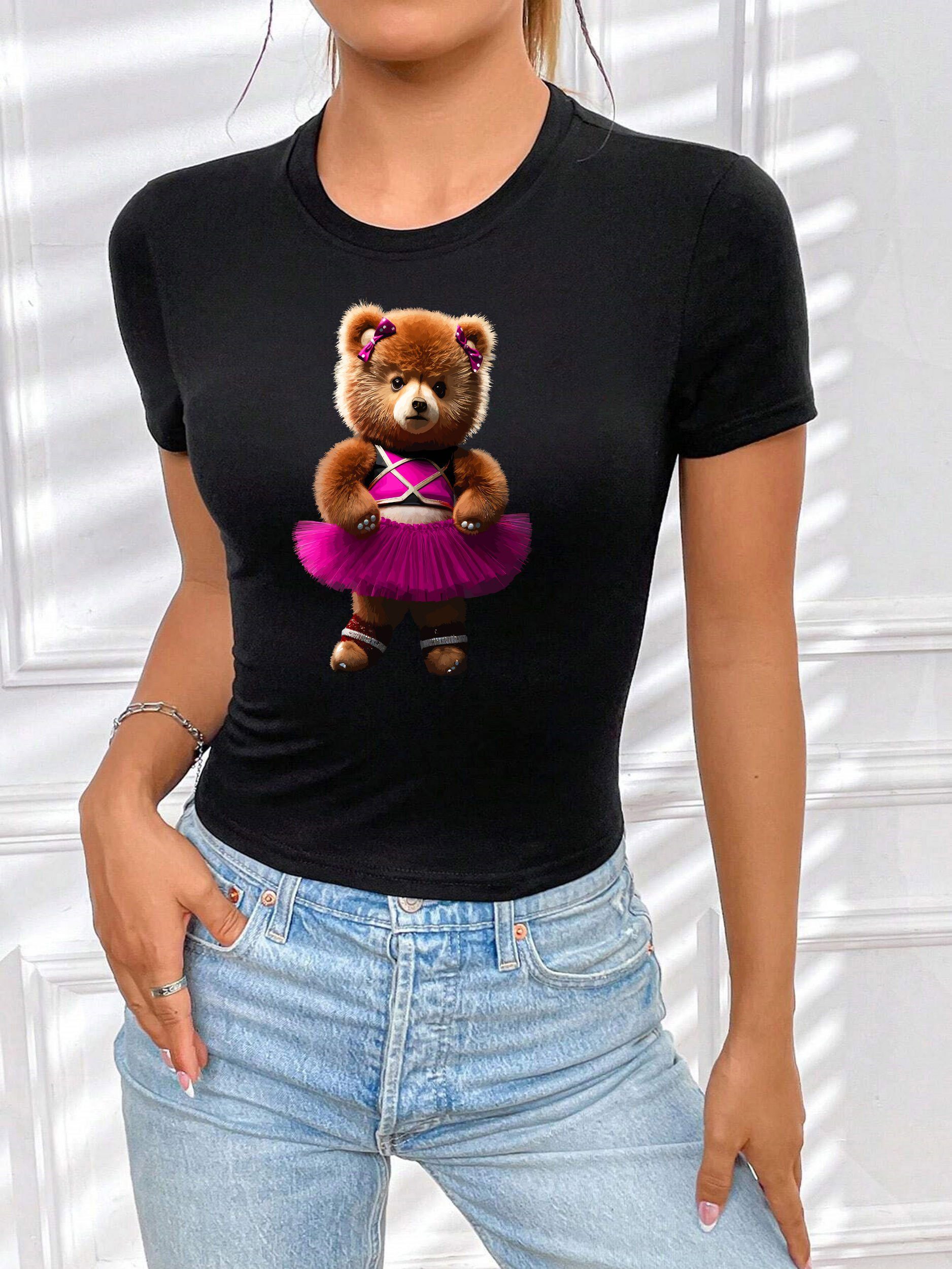 Top in Schwarz-Pink Rundhals kurzarm Damen Baumwolle Freizeit Print-Shirt aus RMK "Cat Shirt Katze" Unifarbe,