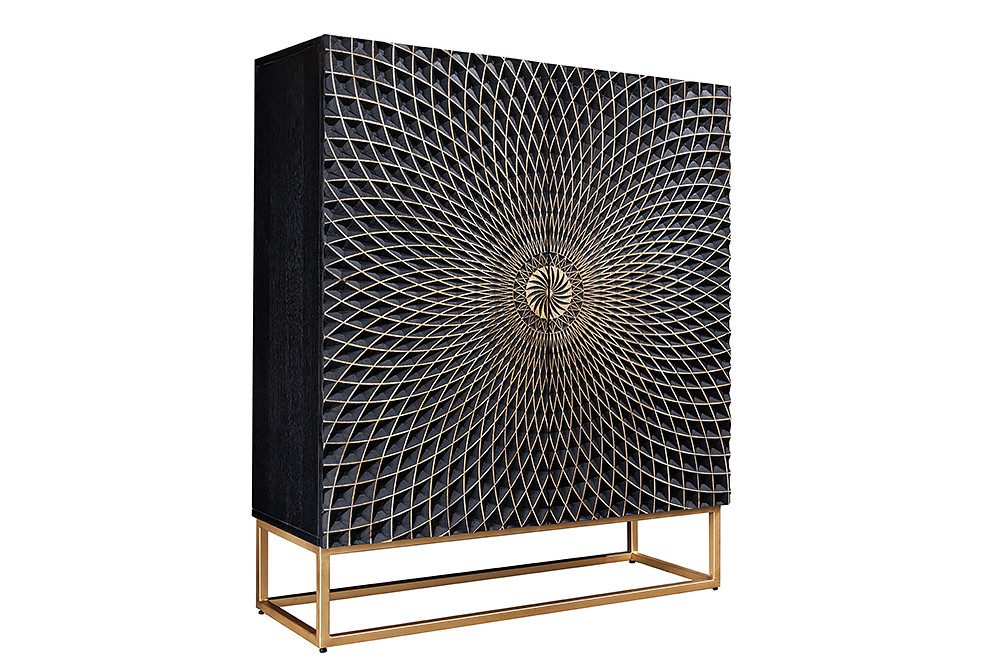riess-ambiente Highboard ILLUSION 120cm schwarz / gold (Einzelartikel, 1 St), Mango-Massivholz · Metall · 3D Schnitzereien · Wohnzimmer · Design