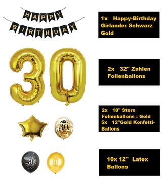 Montegoni Aufblasbares Partyzubehör 30 Geburtstag Deko Set Schwarz Gold, 20 Teilig Set: Girlande, Zahlen, Stern, Konfetti, Latex Ballons