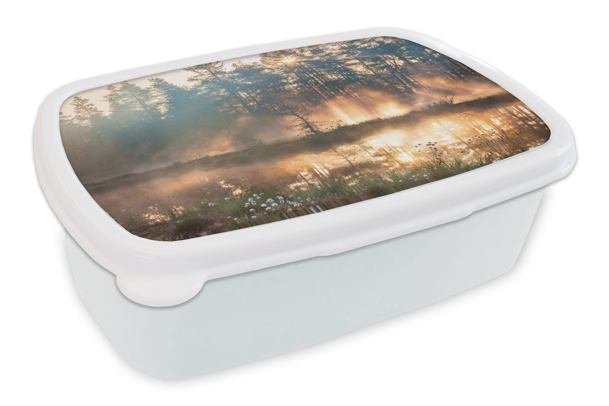 MuchoWow Lunchbox See - Sonne - Baum, Kunststoff, (2-tlg), Brotbox für Kinder und Erwachsene, Brotdose, für Jungs und Mädchen weiß