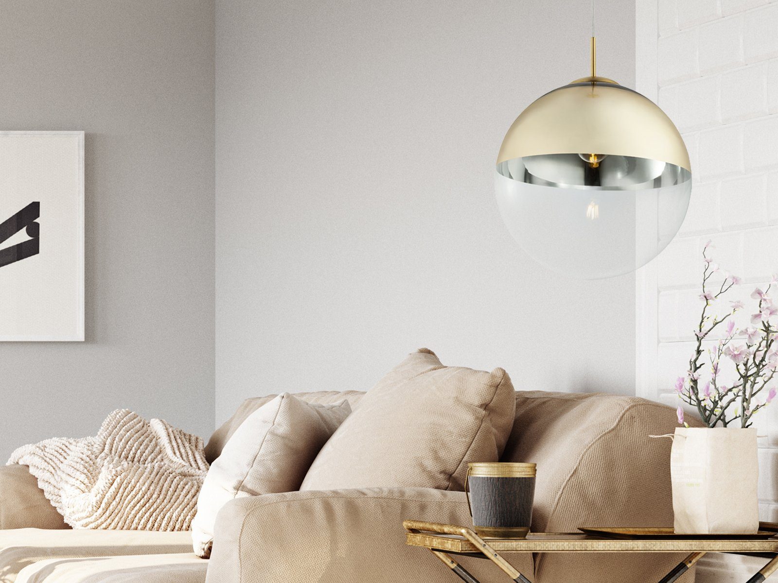 GLOBO LIGHTING LED Pendelleuchte, LED wechselbar, warmweiß, ausgefallene Glas-kugel für übern Esstisch & Treppenhaus Gold-en Ø33cm