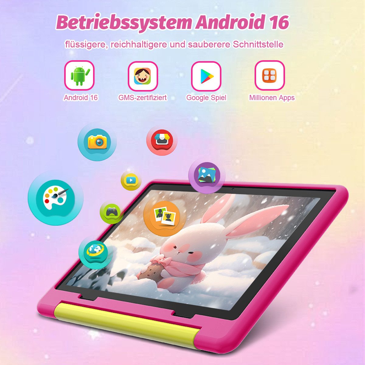 BUFO 10 Zoll 24(3+21)GB RAM+64GB ROM 1280x800 HD-Display Android16 Kinder Tablet (10,1", 64 GB, Android 16, WIFI, Anti-Blaulicht, Vorinstallierte Kinder Lernsoftware, Robustes Design)