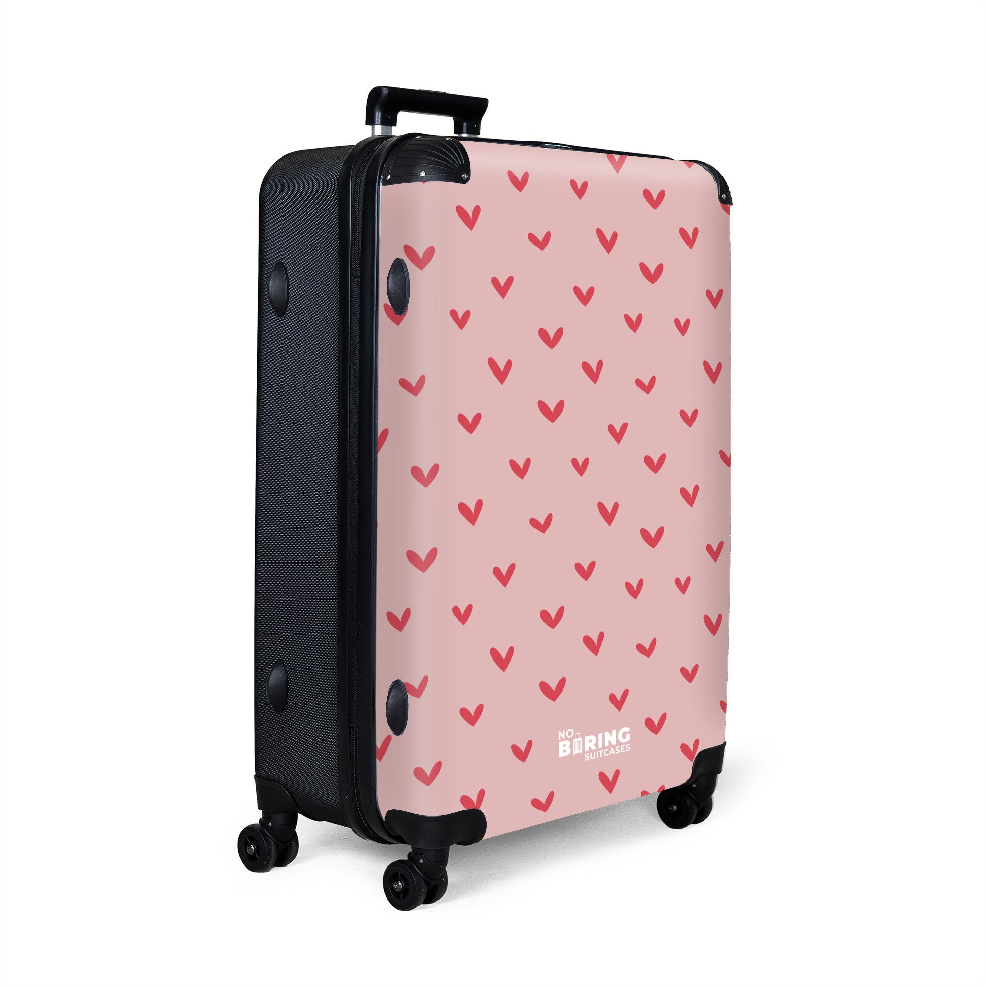 NoBoringSuitcases.com© Kinderkoffer Herzmuster mit rosa Farben 77 cm - 98 L, 8 Rollen, Reisetasche mit rollen für 30kg, Koffer für Mädchen, Reisekoffer
