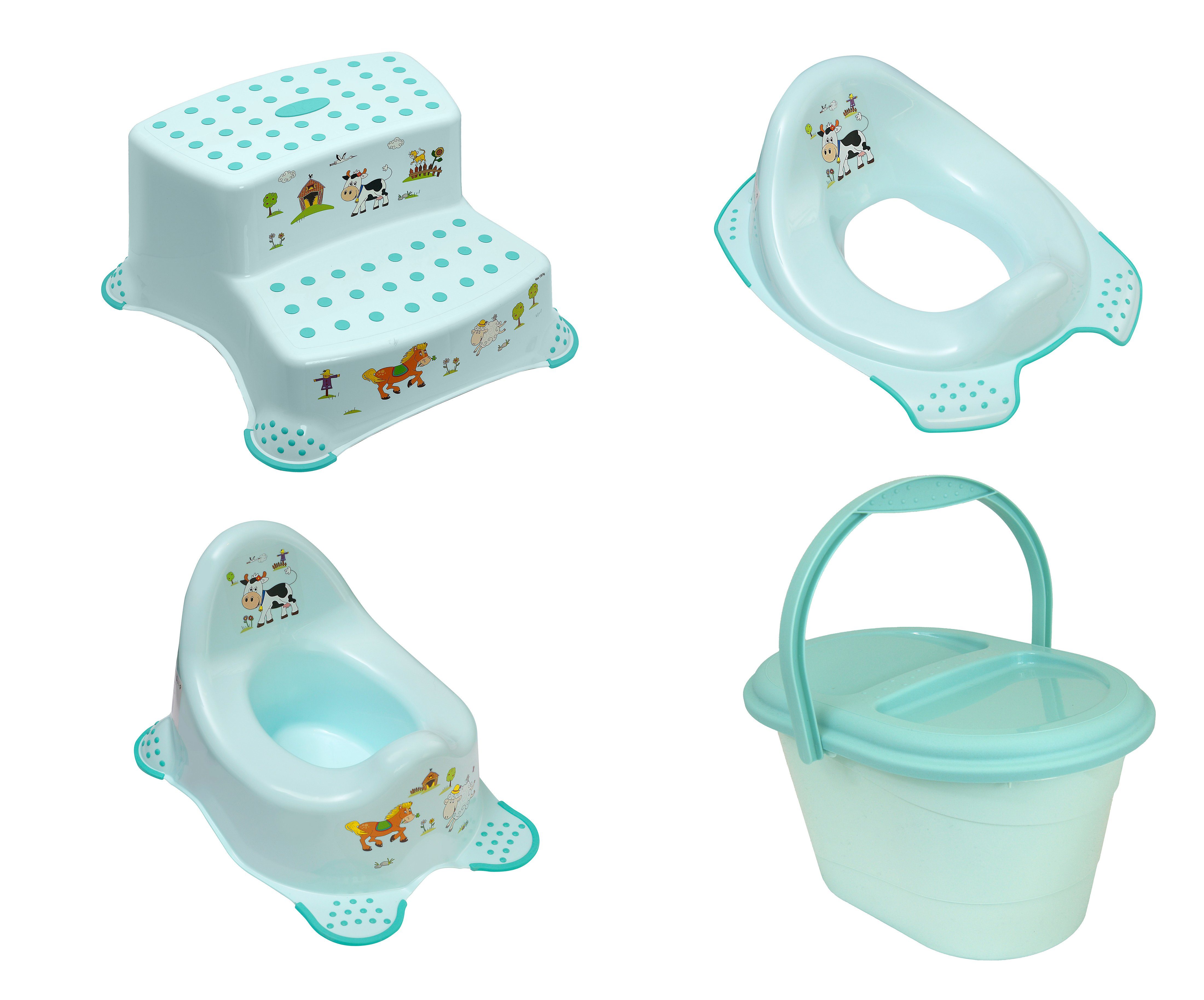 KiNDERWELT Tritthocker 4er Set Z Funny aqua : WC Aufsatz + Kindertopf + Hocker zweistufig + (4er Set)