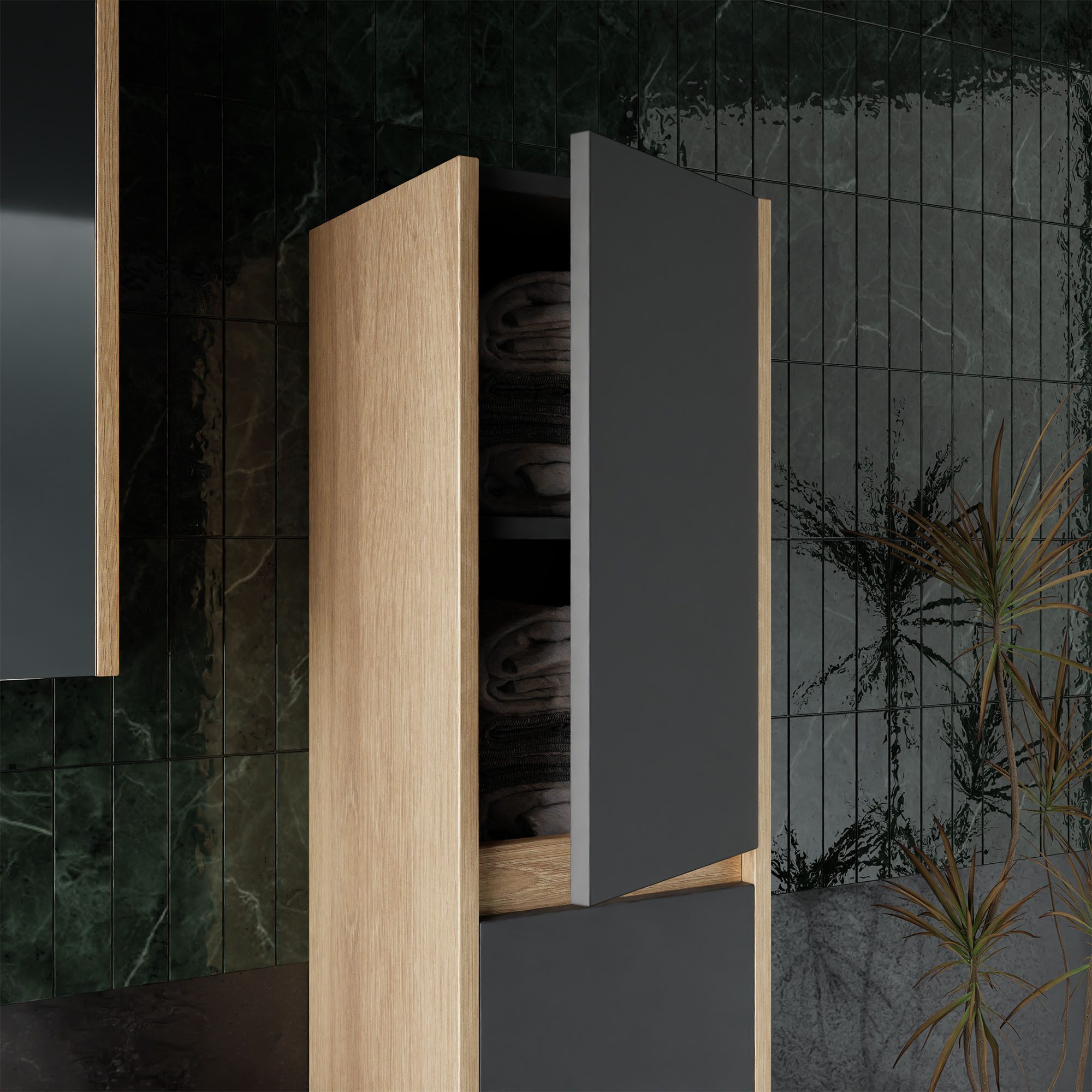 Karen Bathroom Furniture Set Dallas 4-Piece Complete Set (4-piece complete set with vanity unit, mirrored cabinet, sink & tall cabinet, 4 pieces, sink, vanity unit, cabinet with mirror, tall cabinet), Natural design, tall cabinet included, Soft-close, Space-saving