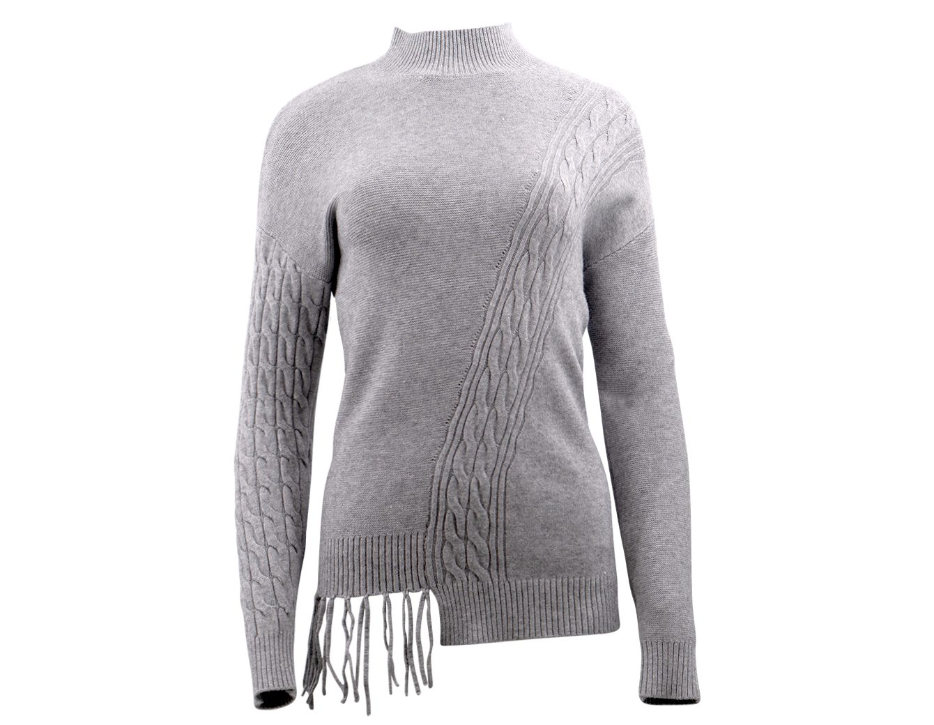 Damen Pullover Passioni Strickpullover Asymmetrischer Pullover mit raffiniertem Strickmix und Fransen mit Stehkragen