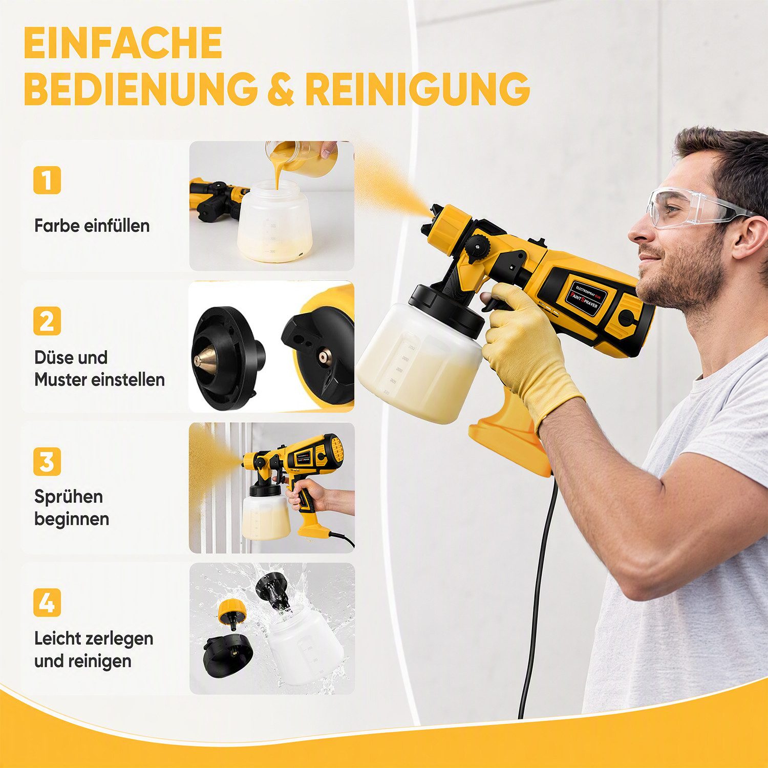 AKKEE Farbsprühpistole Elektrisches Farbsprühsystem, 1400ml 850W Elektro Lackierpistole, 4 Kupferdüse und 3 Muster,für den Innen- und Außenbereich – Bild 3 von 5